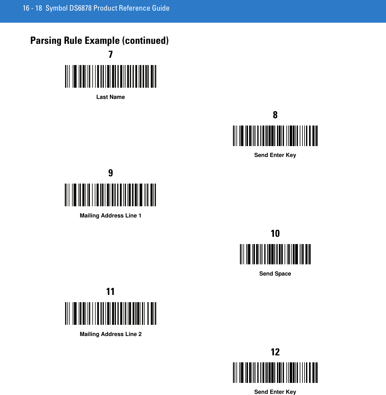 16 - 18 Symbol DS6878 Product Reference GuideParsing Rule Example (continued)7Last Name8Send Enter Key9Mailing Address Line 110Send Space11Mailing Address Line 212Send Enter Key