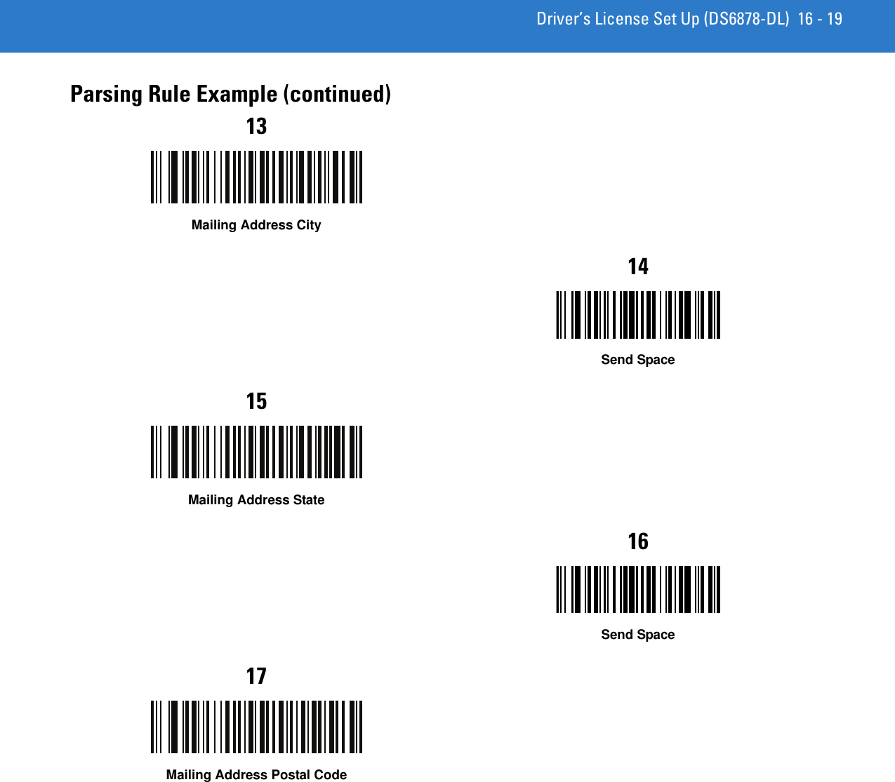 Driver’s License Set Up (DS6878-DL) 16 - 19Parsing Rule Example (continued)13Mailing Address City14Send Space15Mailing Address State16Send Space17Mailing Address Postal Code