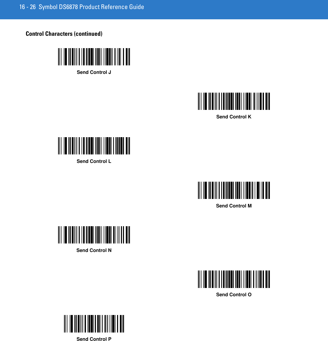 16 - 26 Symbol DS6878 Product Reference GuideControl Characters (continued)Send Control JSend Control KSend Control LSend Control MSend Control NSend Control OSend Control P