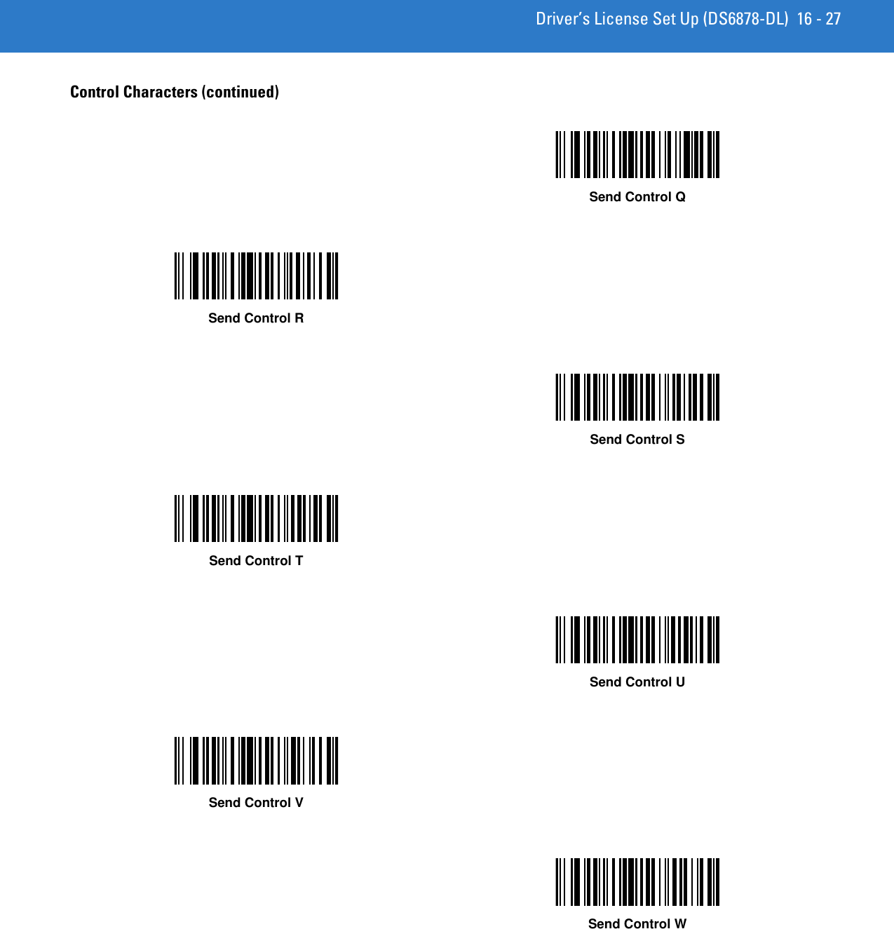 Driver’s License Set Up (DS6878-DL) 16 - 27Control Characters (continued)Send Control QSend Control RSend Control SSend Control TSend Control USend Control VSend Control W