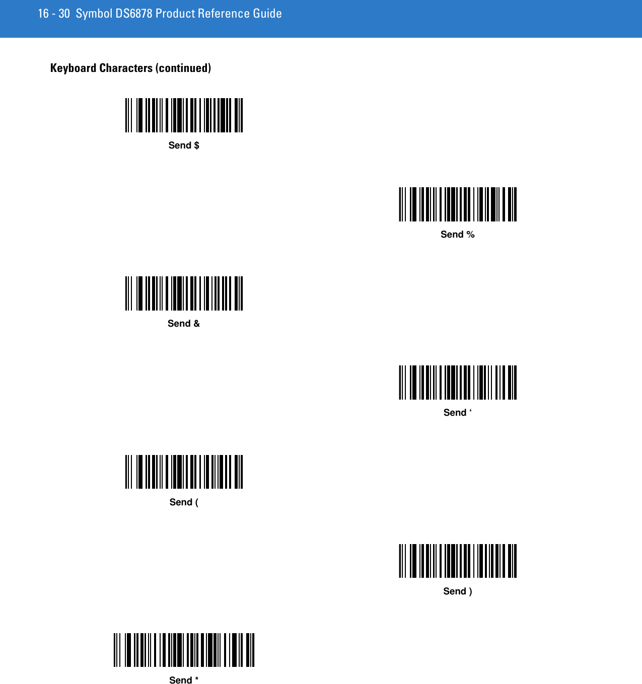 16 - 30 Symbol DS6878 Product Reference GuideKeyboard Characters (continued)Send $Send %Send &amp;Send ‘Send (Send )Send *