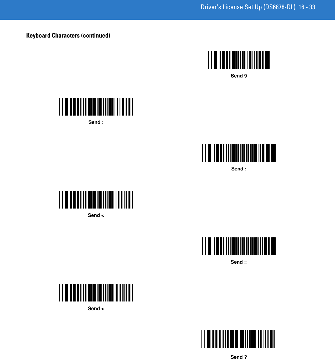 Driver’s License Set Up (DS6878-DL) 16 - 33Keyboard Characters (continued)Send 9Send :Send ;Send &lt;Send =Send &gt;Send ?