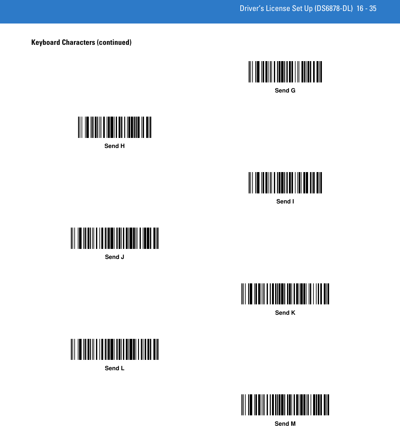 Driver’s License Set Up (DS6878-DL) 16 - 35Keyboard Characters (continued)Send GSend HSend ISend JSend KSend LSend M