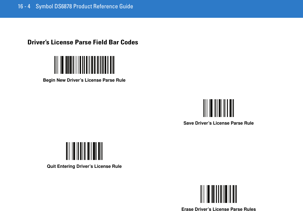 16 - 4 Symbol DS6878 Product Reference GuideDriver’s License Parse Field Bar CodesBegin New Driver’s License Parse RuleSave Driver’s License Parse RuleQuit Entering Driver’s License RuleErase Driver’s License Parse Rules