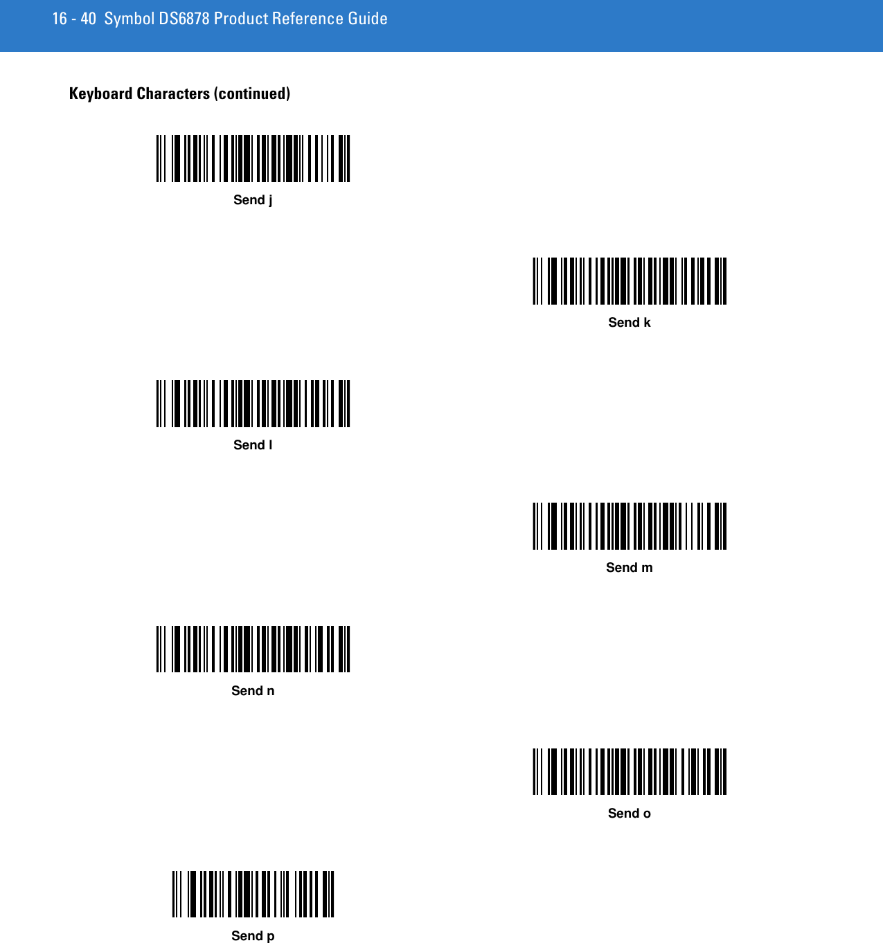 16 - 40 Symbol DS6878 Product Reference GuideKeyboard Characters (continued)Send jSend kSend lSend mSend nSend oSend p