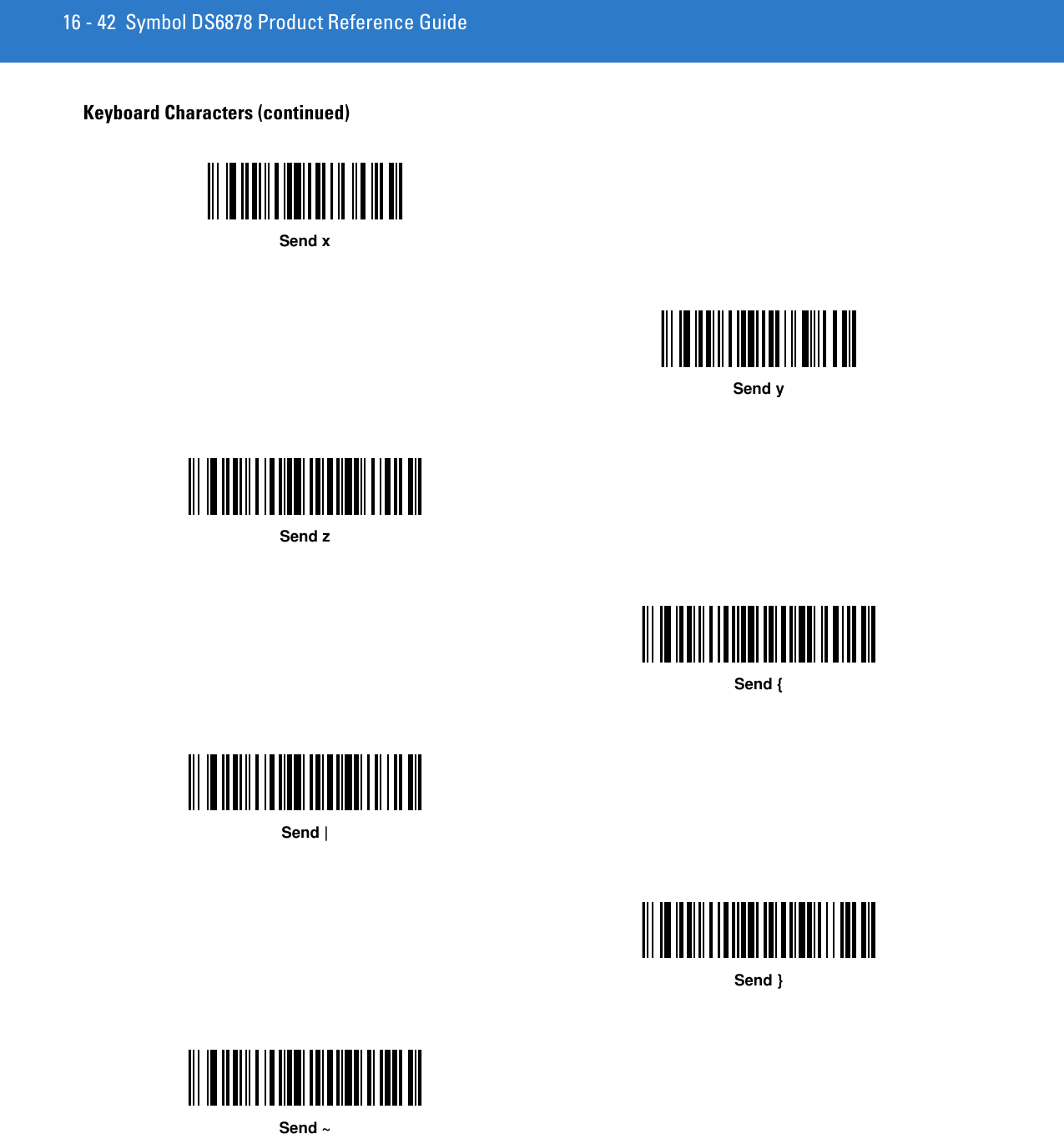 16 - 42 Symbol DS6878 Product Reference GuideKeyboard Characters (continued)Send xSend ySend zSend {Send |Send }Send ~