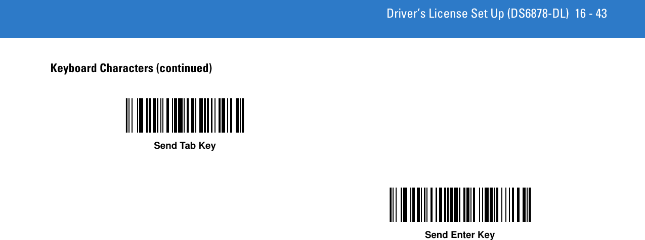 Driver’s License Set Up (DS6878-DL) 16 - 43Keyboard Characters (continued)Send Tab KeySend Enter Key