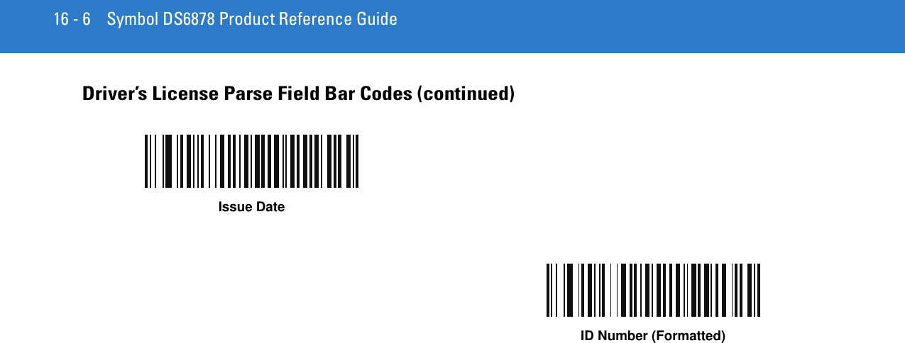16 - 6 Symbol DS6878 Product Reference GuideDriver’s License Parse Field Bar Codes (continued)Issue DateID Number (Formatted)