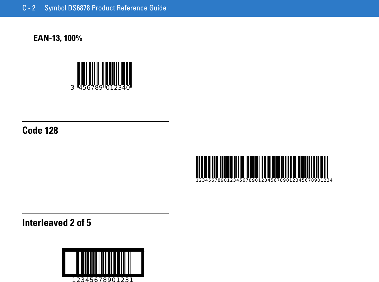 C - 2 Symbol DS6878 Product Reference GuideEAN-13, 100%Code 128Interleaved 2 of 534567890123401234567890123456789012345678901234567890123412345678901231