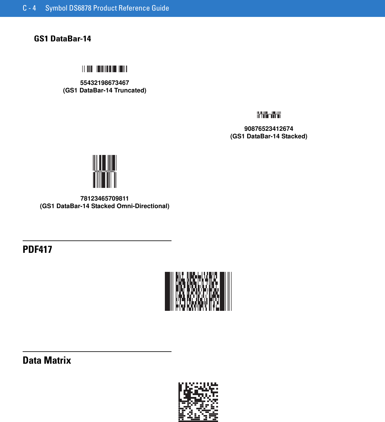 C - 4 Symbol DS6878 Product Reference GuideGS1 DataBar-14PDF417Data Matrix55432198673467(GS1 DataBar-14 Truncated)90876523412674(GS1 DataBar-14 Stacked)78123465709811(GS1 DataBar-14 Stacked Omni-Directional)