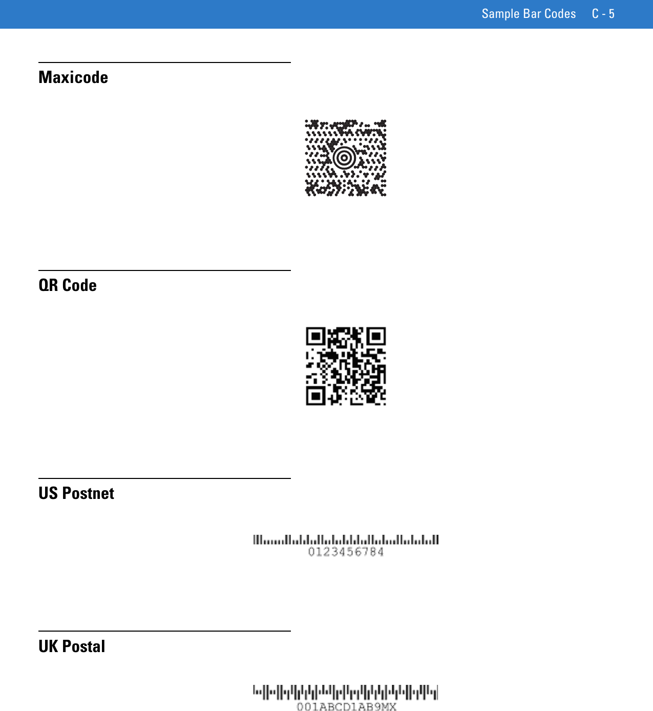 Sample Bar Codes C - 5MaxicodeQR CodeUS PostnetUK Postal