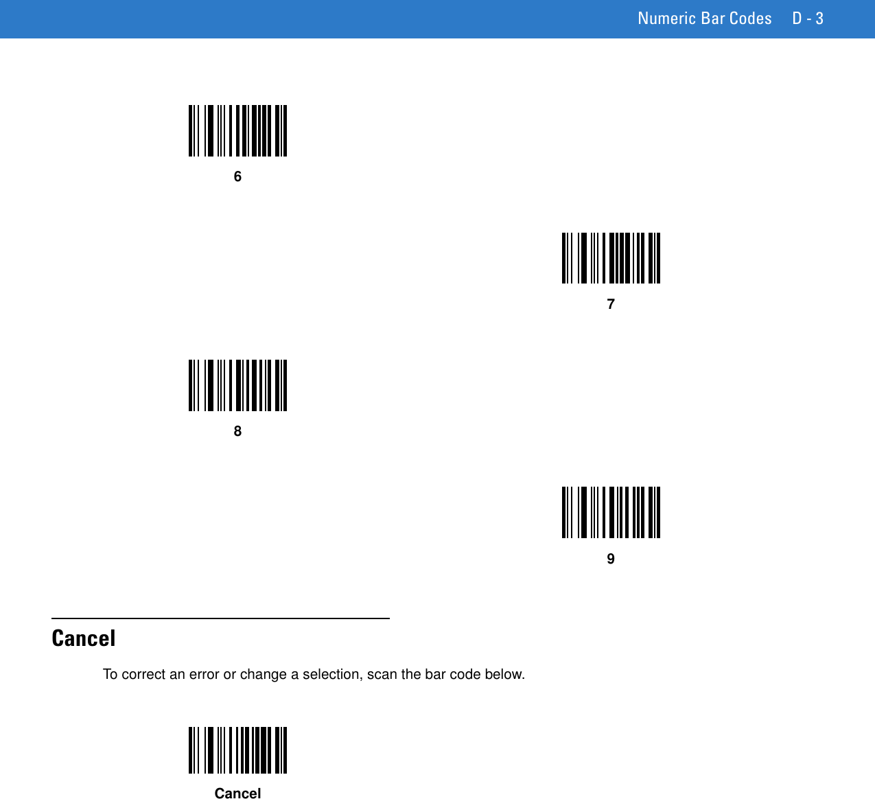 Numeric Bar Codes D - 3CancelTo correct an error or change a selection, scan the bar code below. 6789Cancel