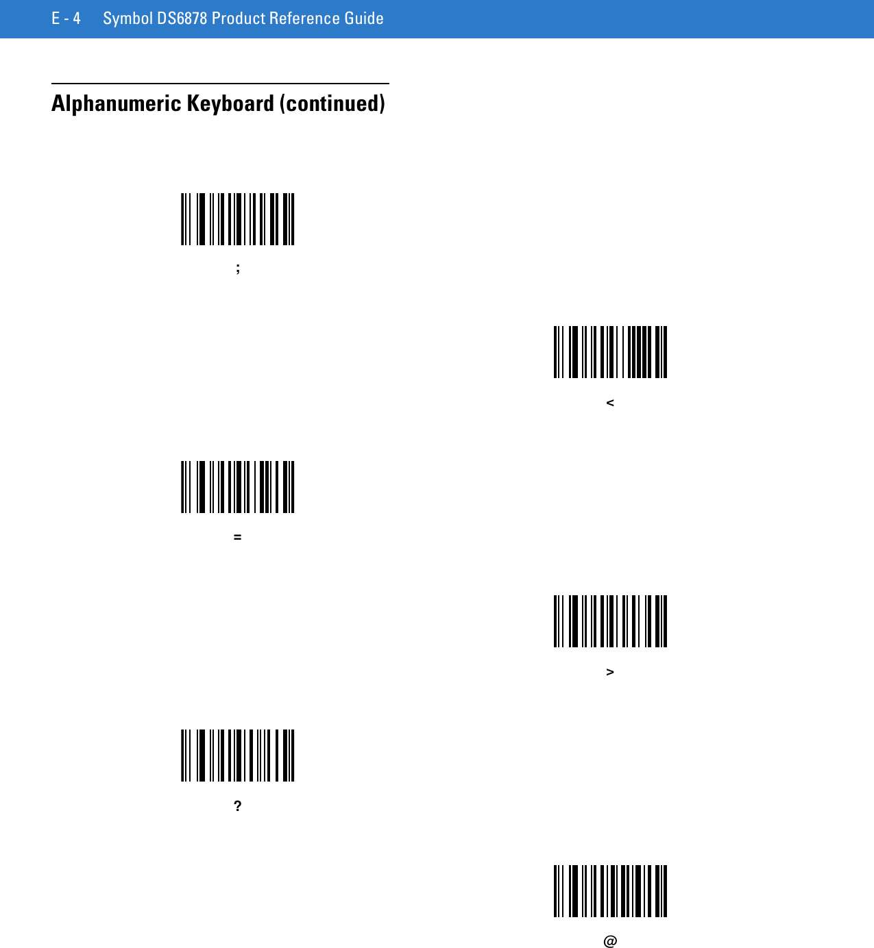 E - 4 Symbol DS6878 Product Reference GuideAlphanumeric Keyboard (continued);&lt;=&gt;?@