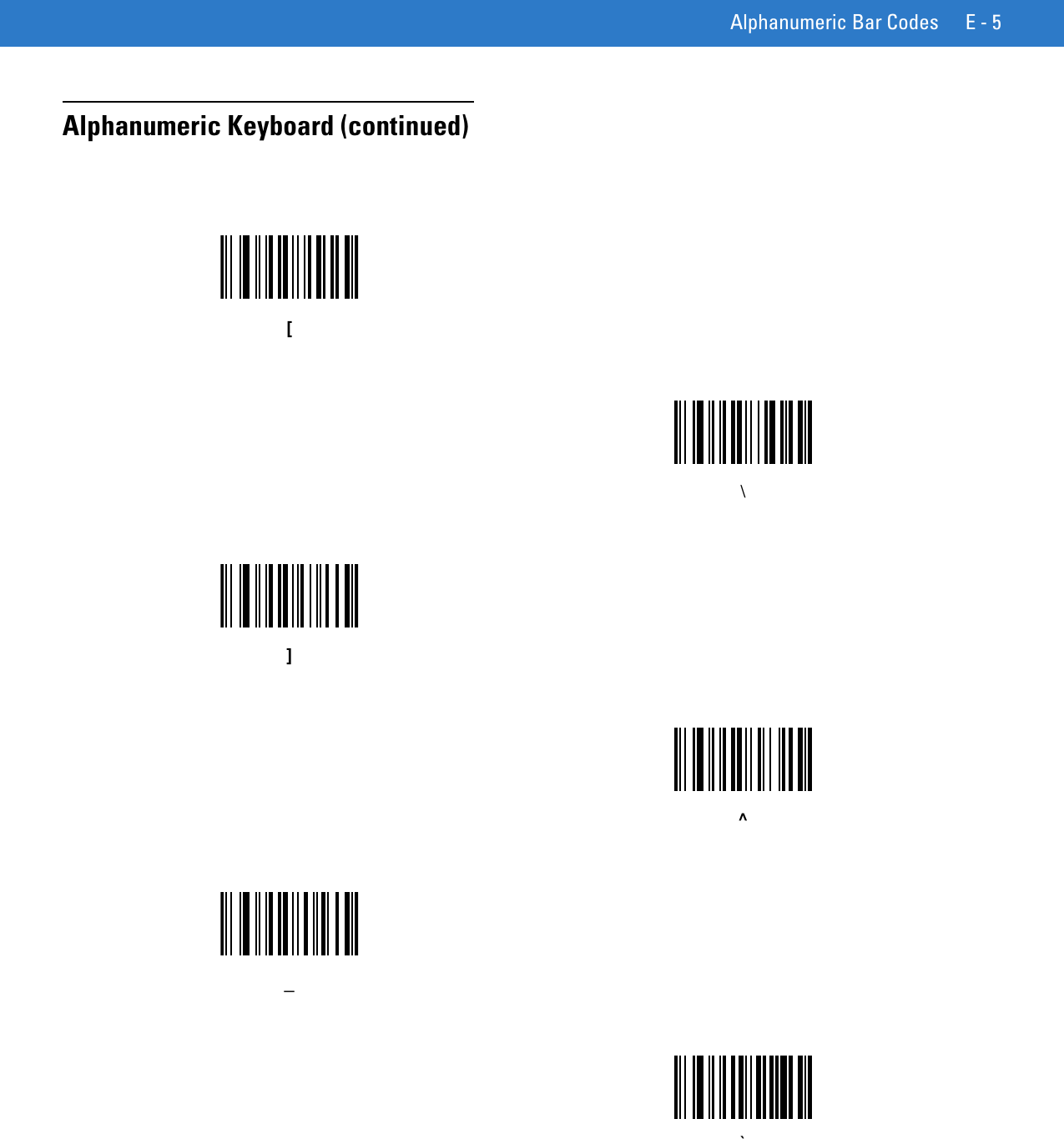 Alphanumeric Bar Codes E - 5Alphanumeric Keyboard (continued)[\]^_`