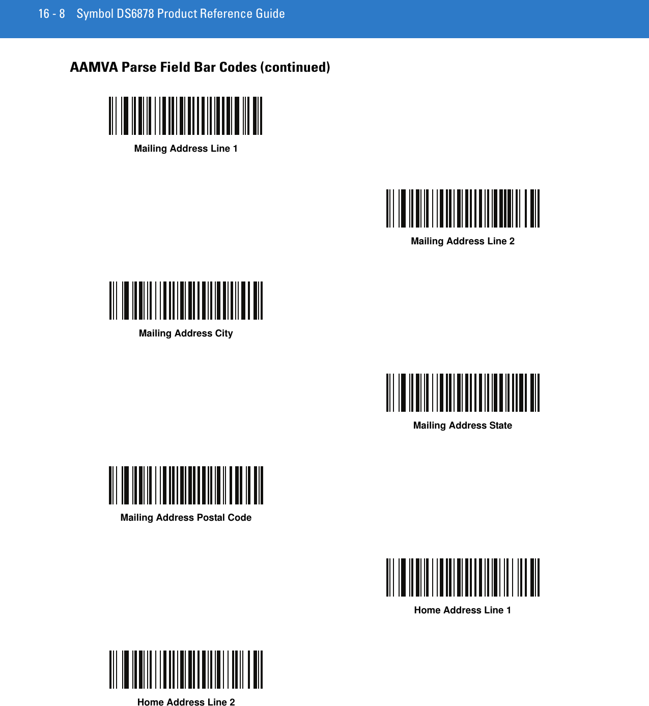 16 - 8 Symbol DS6878 Product Reference GuideAAMVA Parse Field Bar Codes (continued)Mailing Address Line 1Mailing Address Line 2Mailing Address CityMailing Address StateMailing Address Postal CodeHome Address Line 1Home Address Line 2