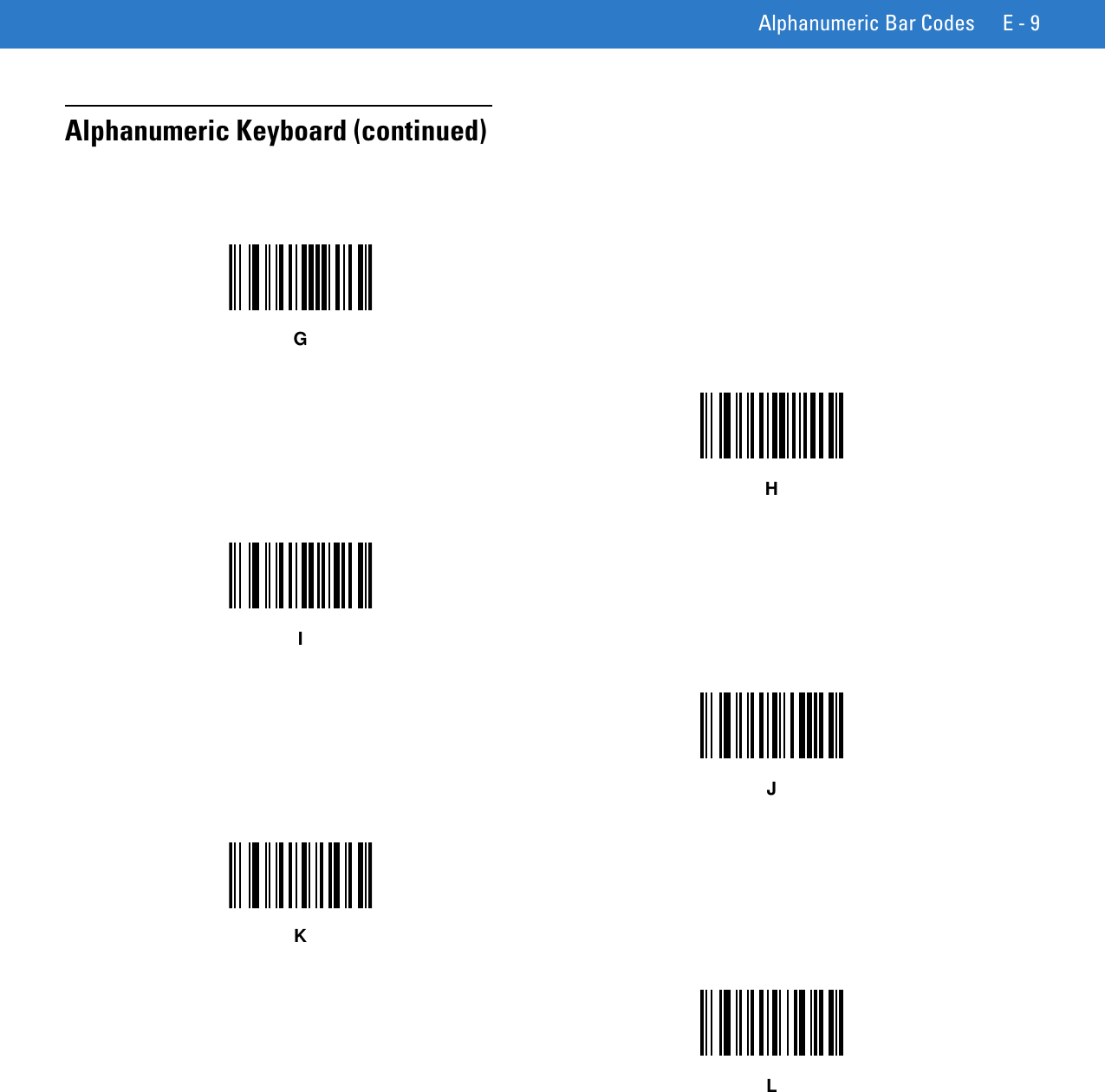 Alphanumeric Bar Codes E - 9Alphanumeric Keyboard (continued)GHIJKL