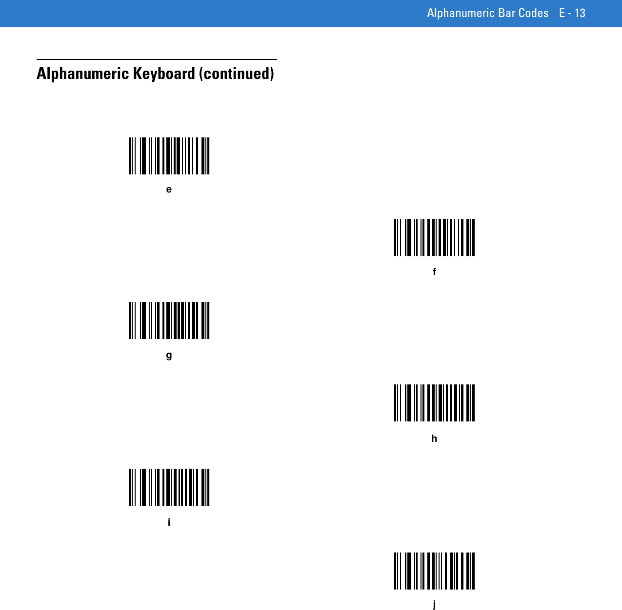 Alphanumeric Bar Codes E - 13Alphanumeric Keyboard (continued)efghij