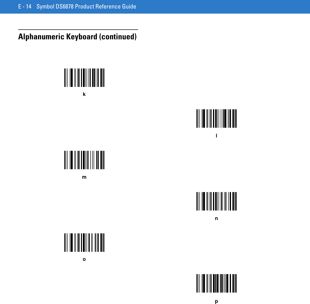 E - 14 Symbol DS6878 Product Reference GuideAlphanumeric Keyboard (continued)klmnop