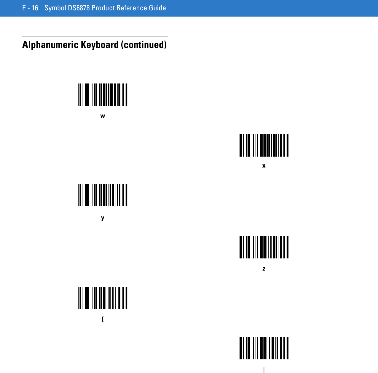 E - 16 Symbol DS6878 Product Reference GuideAlphanumeric Keyboard (continued)wxyz{|