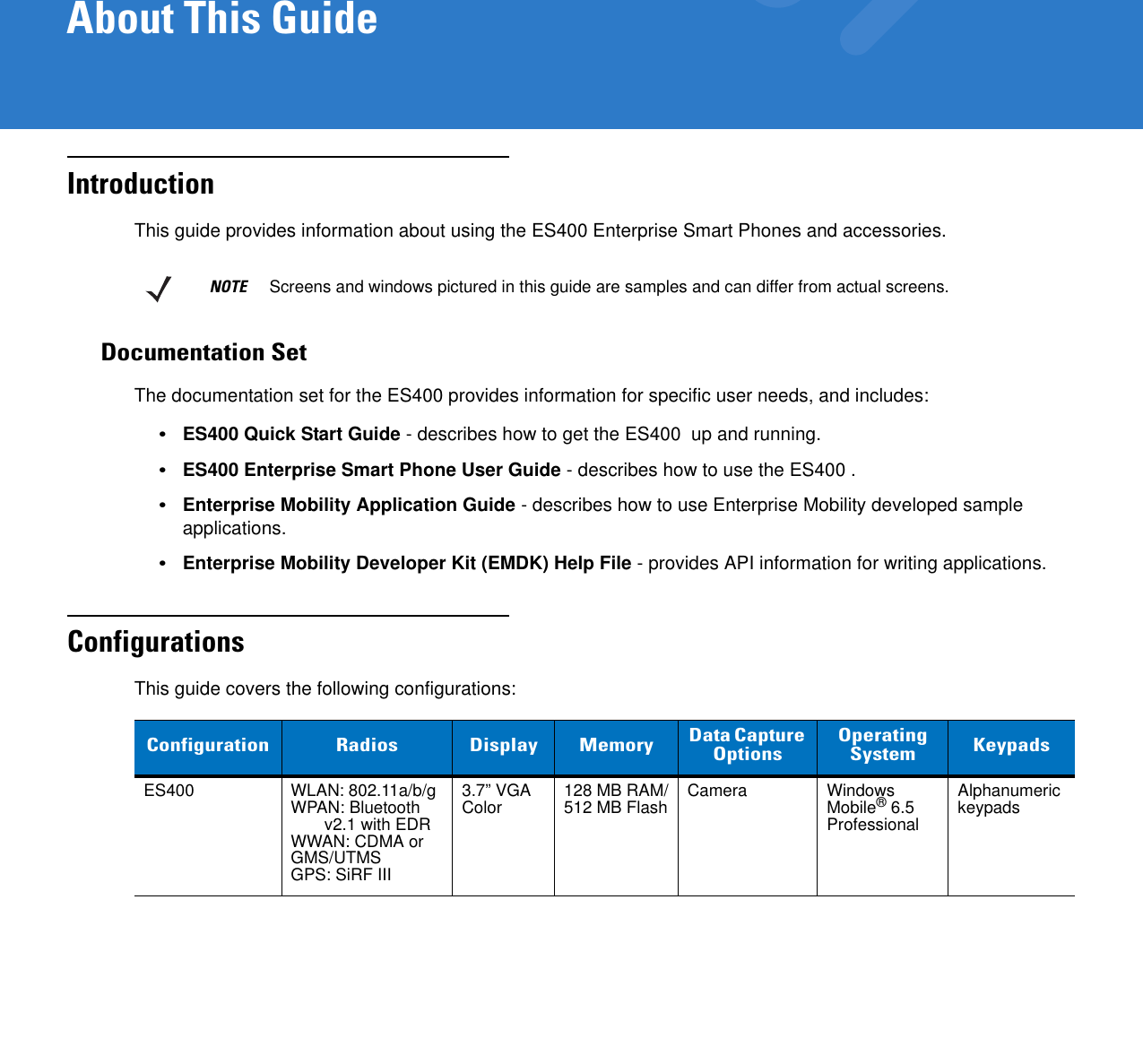 About This GuideIntroductionThis guide provides information about using the ES400 Enterprise Smart Phones and accessories.Documentation SetThe documentation set for the ES400 provides information for specific user needs, and includes:•ES400 Quick Start Guide - describes how to get the ES400  up and running.•ES400 Enterprise Smart Phone User Guide - describes how to use the ES400 .•Enterprise Mobility Application Guide - describes how to use Enterprise Mobility developed sample applications.•Enterprise Mobility Developer Kit (EMDK) Help File - provides API information for writing applications.ConfigurationsThis guide covers the following configurations:NOTE     Screens and windows pictured in this guide are samples and can differ from actual screens.Configuration Radios Display Memory Data Capture OptionsOperatingSystem KeypadsES400 WLAN: 802.11a/b/gWPAN: Bluetooth v2.1 with EDRWWAN: CDMA or GMS/UTMSGPS: SiRF III3.7” VGA Color 128 MB RAM/512 MB Flash Camera Windows Mobile®6.5 ProfessionalAlphanumeric keypads