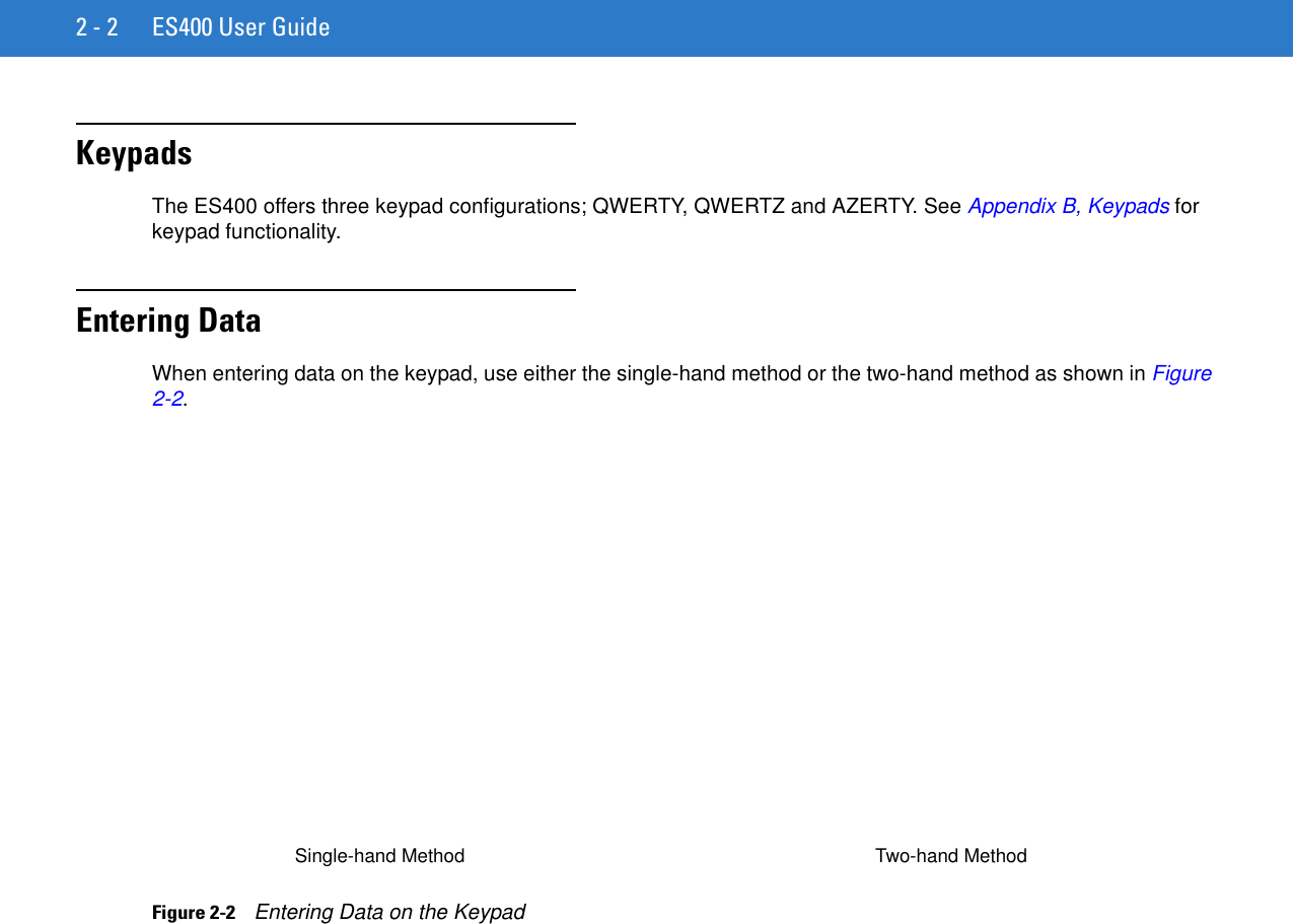 2 - 2 ES400 User GuideKeypadsThe ES400 offers three keypad configurations; QWERTY, QWERTZ and AZERTY. See Appendix B, Keypads for keypad functionality.Entering DataWhen entering data on the keypad, use either the single-hand method or the two-hand method as shown in Figure 2-2.Figure 2-2    Entering Data on the KeypadSingle-hand Method Two-hand Method