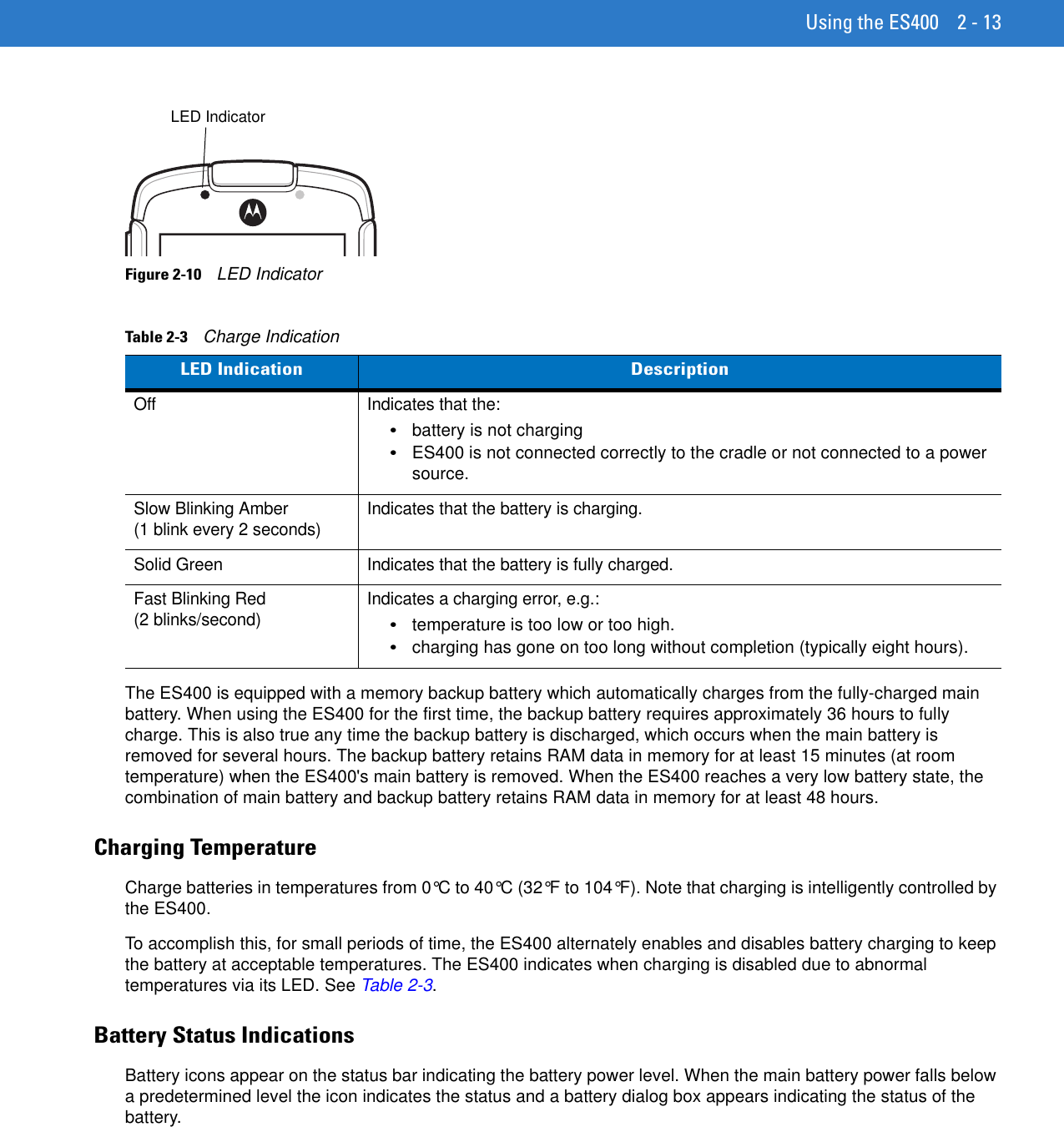 Using the ES400 2 - 13Figure 2-10    LED IndicatorThe ES400 is equipped with a memory backup battery which automatically charges from the fully-charged main battery. When using the ES400 for the first time, the backup battery requires approximately 36 hours to fully charge. This is also true any time the backup battery is discharged, which occurs when the main battery is removed for several hours. The backup battery retains RAM data in memory for at least 15 minutes (at room temperature) when the ES400&apos;s main battery is removed. When the ES400 reaches a very low battery state, the combination of main battery and backup battery retains RAM data in memory for at least 48 hours.Charging TemperatureCharge batteries in temperatures from 0°C to 40°C (32°F to 104°F). Note that charging is intelligently controlled by the ES400.To accomplish this, for small periods of time, the ES400 alternately enables and disables battery charging to keep the battery at acceptable temperatures. The ES400 indicates when charging is disabled due to abnormal temperatures via its LED. See Table 2-3.Battery Status IndicationsBattery icons appear on the status bar indicating the battery power level. When the main battery power falls below a predetermined level the icon indicates the status and a battery dialog box appears indicating the status of the battery.Table 2-3    Charge Indication  LED Indication DescriptionOff Indicates that the:•battery is not charging•ES400 is not connected correctly to the cradle or not connected to a power source.Slow Blinking Amber(1 blink every 2 seconds) Indicates that the battery is charging.Solid Green Indicates that the battery is fully charged.Fast Blinking Red(2 blinks/second) Indicates a charging error, e.g.:•temperature is too low or too high.•charging has gone on too long without completion (typically eight hours).LED Indicator