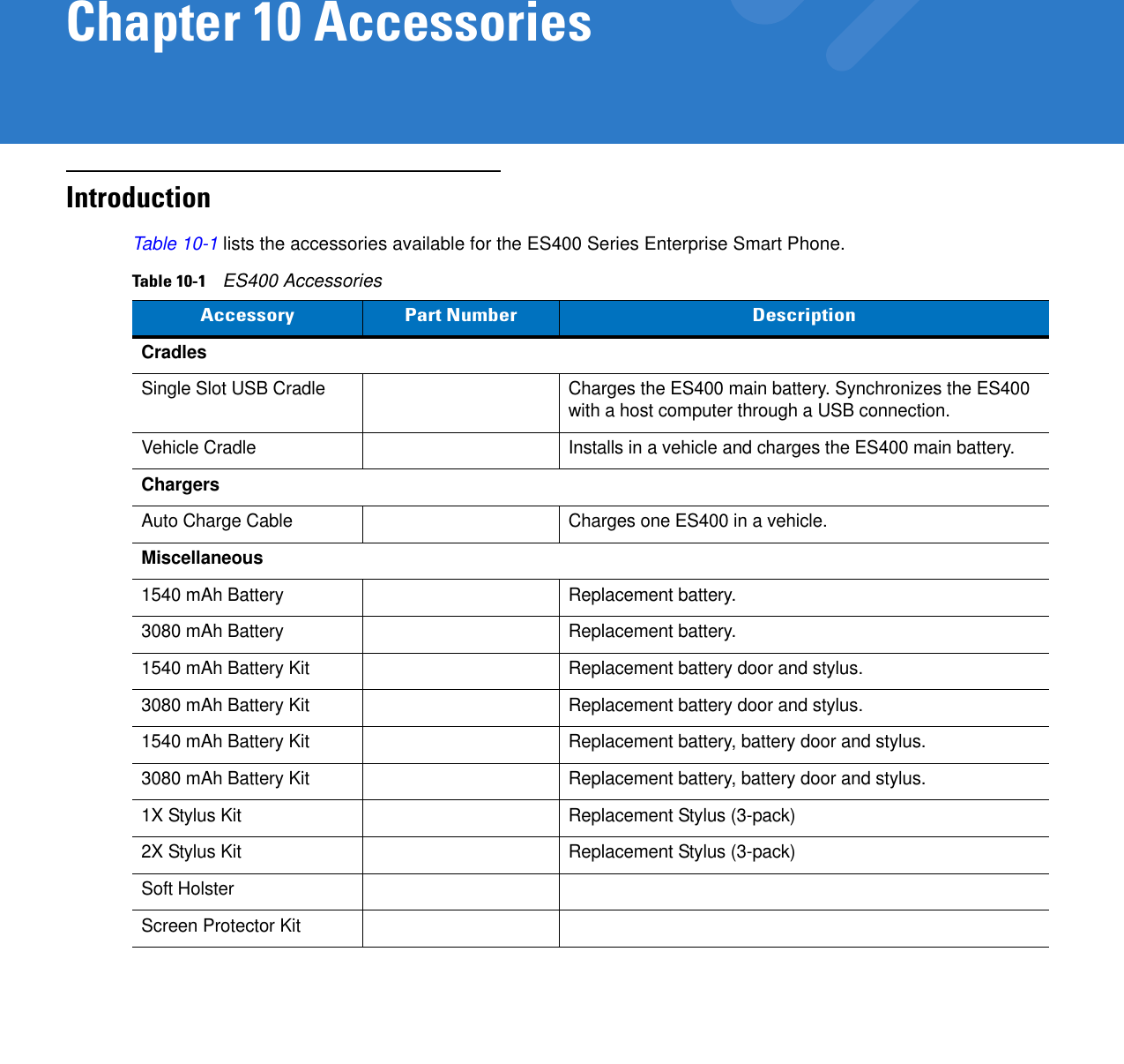 Chapter 10 AccessoriesIntroductionTable 10-1 lists the accessories available for the ES400 Series Enterprise Smart Phone.Table 10-1    ES400 AccessoriesAccessory Part Number DescriptionCradlesSingle Slot USB Cradle Charges the ES400 main battery. Synchronizes the ES400 with a host computer through a USB connection.Vehicle Cradle Installs in a vehicle and charges the ES400 main battery.ChargersAuto Charge Cable Charges one ES400 in a vehicle.Miscellaneous1540 mAh Battery Replacement battery.3080 mAh Battery Replacement battery.1540 mAh Battery Kit Replacement battery door and stylus.3080 mAh Battery Kit Replacement battery door and stylus.1540 mAh Battery Kit Replacement battery, battery door and stylus.3080 mAh Battery Kit Replacement battery, battery door and stylus.1X Stylus Kit Replacement Stylus (3-pack)2X Stylus Kit Replacement Stylus (3-pack)Soft HolsterScreen Protector Kit