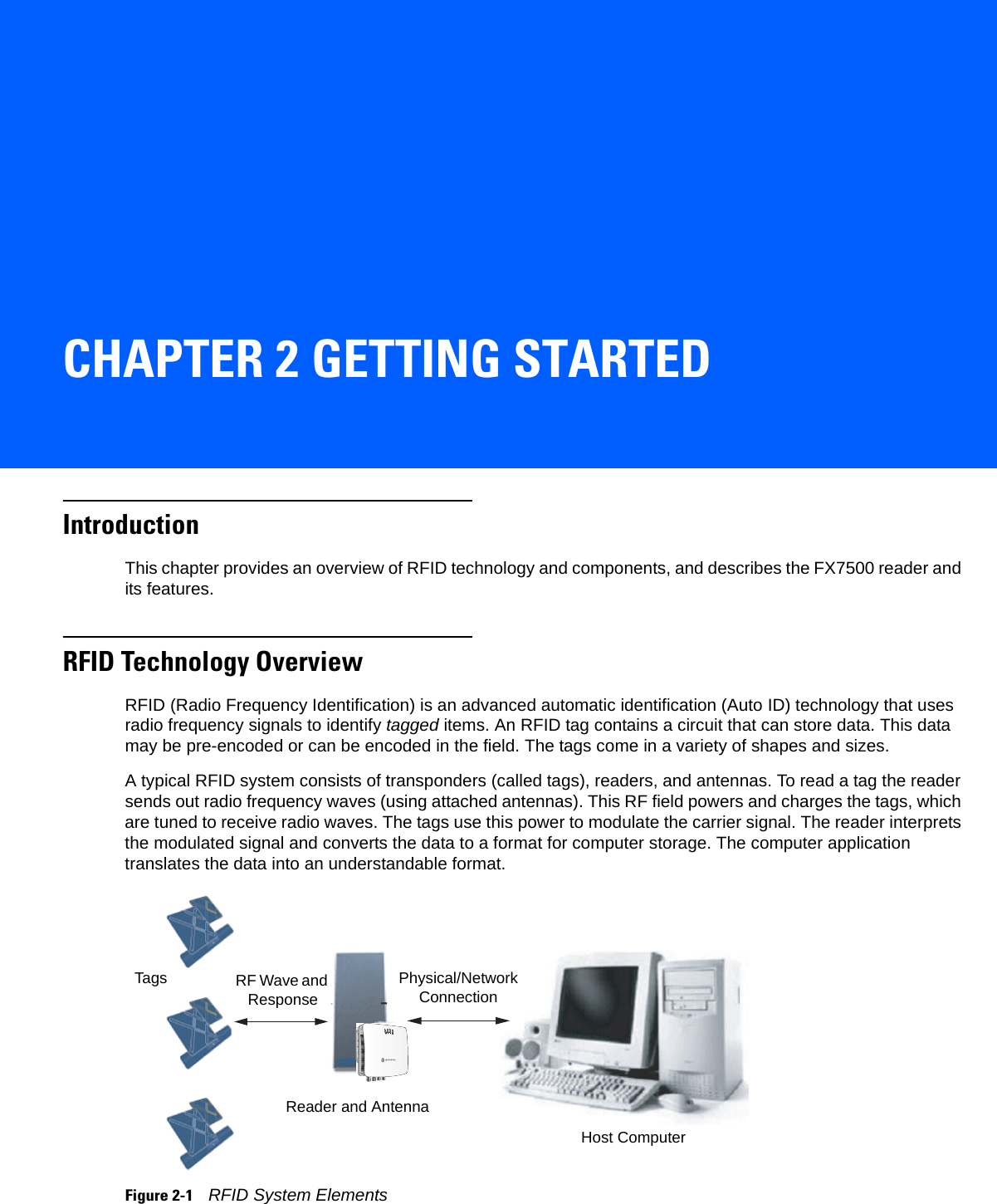 CHAPTER 2 GETTING STARTEDIntroductionThis chapter provides an overview of RFID technology and components, and describes the FX7500 reader and its features.RFID Technology OverviewRFID (Radio Frequency Identification) is an advanced automatic identification (Auto ID) technology that uses radio frequency signals to identify tagged items. An RFID tag contains a circuit that can store data. This data may be pre-encoded or can be encoded in the field. The tags come in a variety of shapes and sizes. A typical RFID system consists of transponders (called tags), readers, and antennas. To read a tag the reader sends out radio frequency waves (using attached antennas). This RF field powers and charges the tags, which are tuned to receive radio waves. The tags use this power to modulate the carrier signal. The reader interprets the modulated signal and converts the data to a format for computer storage. The computer application translates the data into an understandable format.Figure 2-1    RFID System ElementsReader and AntennaHost ComputerPhysical/Network ConnectionRF Wave and ResponseTags