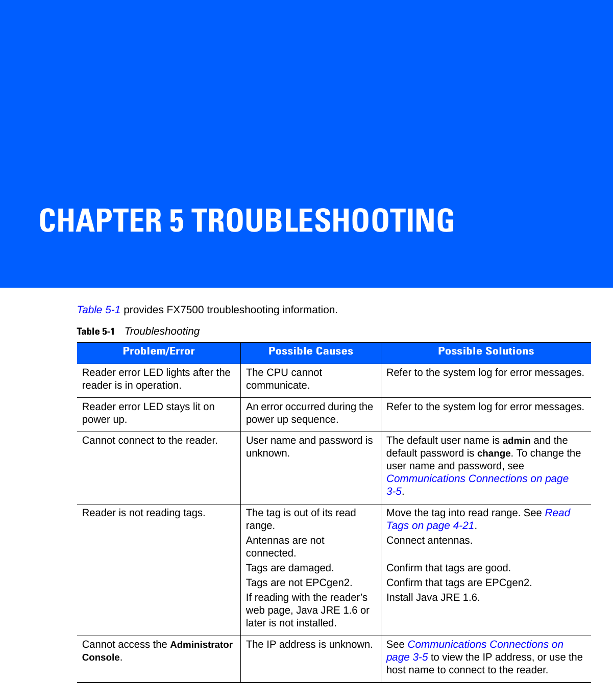CHAPTER 5 TROUBLESHOOTINGTable 5-1 provides FX7500 troubleshooting information.Table 5-1    TroubleshootingProblem/Error Possible Causes Possible SolutionsReader error LED lights after the reader is in operation. The CPU cannot communicate. Refer to the system log for error messages.Reader error LED stays lit on power up. An error occurred during the power up sequence. Refer to the system log for error messages.Cannot connect to the reader. User name and password is unknown. The default user name is admin and the default password is change. To change the user name and password, see Communications Connections on page 3-5.Reader is not reading tags. The tag is out of its read range.Antennas are not connected.Tags are damaged.Tags are not EPCgen2.If reading with the reader’s web page, Java JRE 1.6 or later is not installed.Move the tag into read range. See Read Tags on page 4-21.Connect antennas.Confirm that tags are good.Confirm that tags are EPCgen2.Install Java JRE 1.6. Cannot access the Administrator Console.The IP address is unknown. See Communications Connections on page 3-5 to view the IP address, or use the host name to connect to the reader.