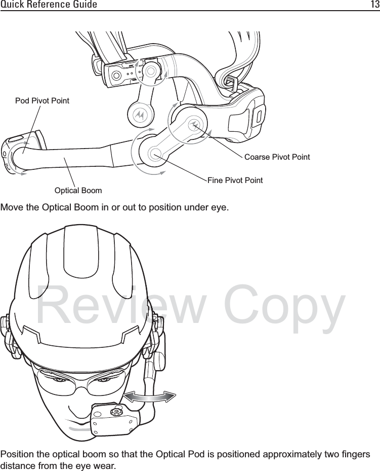 Quick Reference Guide 13Move the Optical Boom in or out to position under eye.Position the optical boom so that the Optical Pod is positioned approximately two fingers distance from the eye wear.Coarse Pivot PointFine Pivot PointPod Pivot PointOptical BoomeweeeeeeeeeeeRevieeReviRvieeCopy