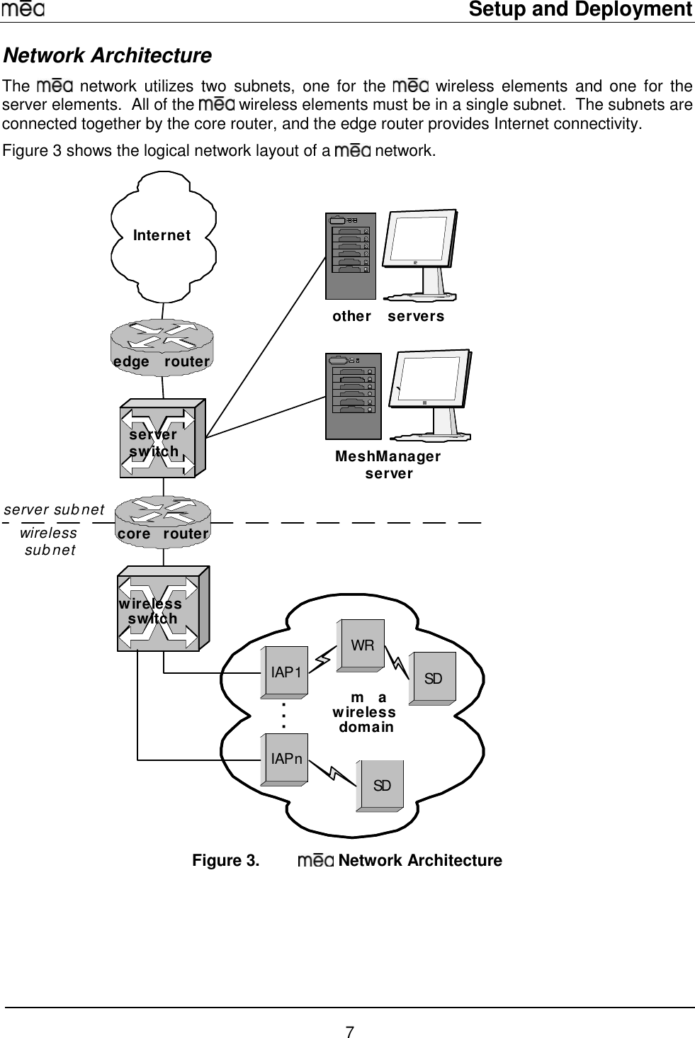     Setup and Deployment  7 Network Architecture The   network utilizes two subnets, one for the   wireless elements and one for the server elements.  All of the   wireless elements must be in a single subnet.  The subnets are connected together by the core router, and the edge router provides Internet connectivity. Figure 3 shows the logical network layout of a   network.   core routeredge routerInternetserverswitchwirelessswitchMeshManagerserver`other serversmawirelessdomainIAP1IAPn. . .WRSDSDserver subnetwirelesssubnet Figure 3.   Network Architecture 
