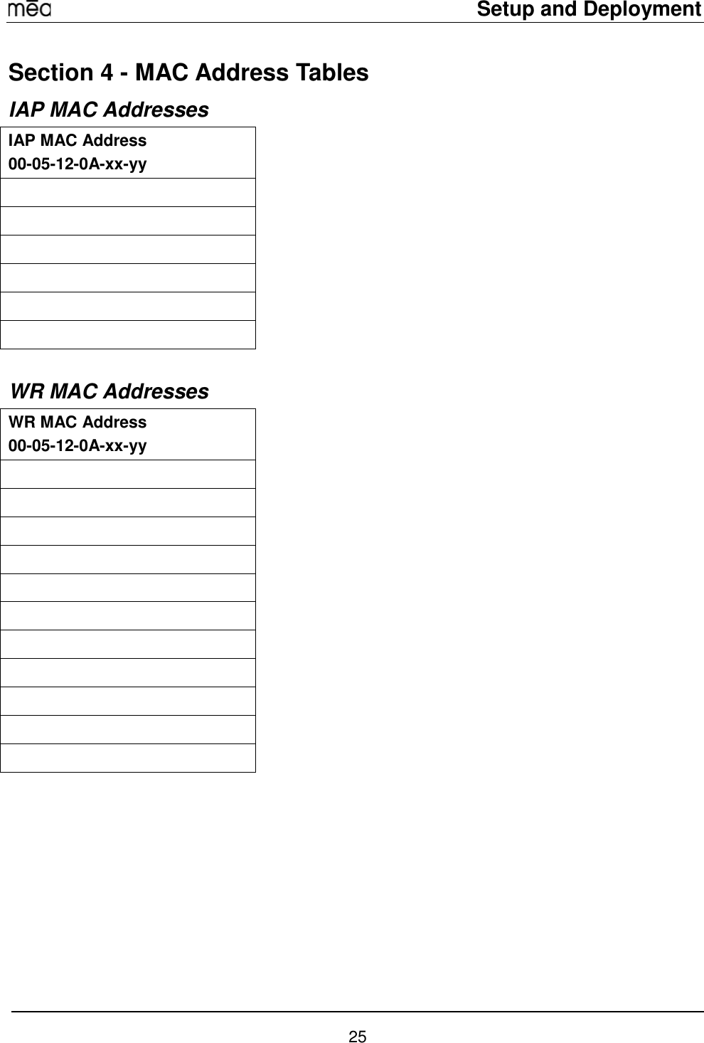     Setup and Deployment  25 Section 4 - MAC Address Tables IAP MAC Addresses IAP MAC Address 00-05-12-0A-xx-yy        WR MAC Addresses  WR MAC Address 00-05-12-0A-xx-yy            