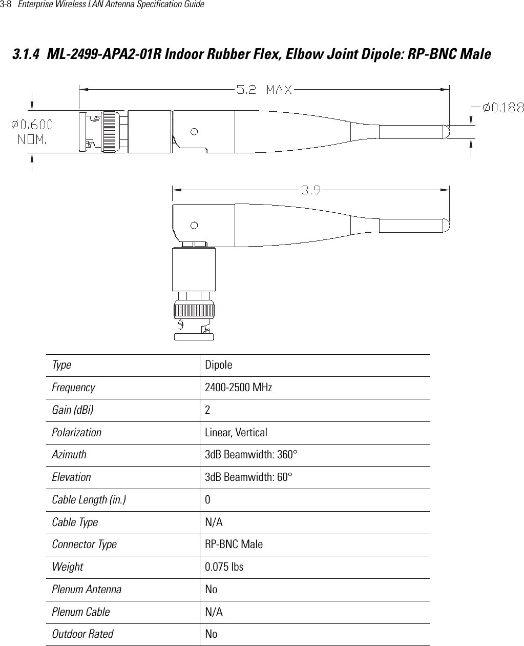 3-8   Enterprise Wireless LAN Antenna Specification Guide 3.1.4 ML-2499-APA2-01R Indoor Rubber Flex, Elbow Joint Dipole: RP-BNC Male Type Dipole Frequency 2400-2500 MHzGain (dBi) 2Polarization Linear, VerticalAzimuth 3dB Beamwidth: 360°Elevation 3dB Beamwidth: 60°Cable Length (in.) 0Cable Type N/AConnector Type RP-BNC MaleWeight 0.075 lbsPlenum Antenna NoPlenum Cable N/AOutdoor Rated No