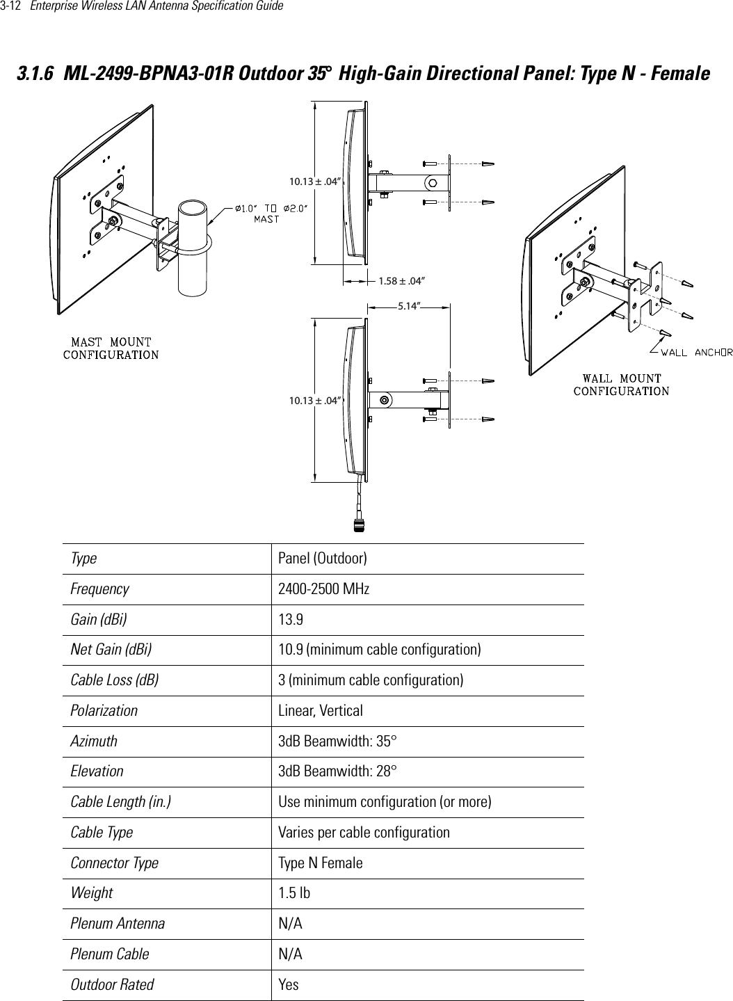 3-12   Enterprise Wireless LAN Antenna Specification Guide 3.1.6 ML-2499-BPNA3-01R Outdoor 35° High-Gain Directional Panel: Type N - FemaleType Panel (Outdoor)Frequency 2400-2500 MHzGain (dBi) 13.9Net Gain (dBi) 10.9 (minimum cable configuration)Cable Loss (dB) 3 (minimum cable configuration)Polarization Linear, VerticalAzimuth 3dB Beamwidth: 35°Elevation 3dB Beamwidth: 28°Cable Length (in.) Use minimum configuration (or more)Cable Type Varies per cable configurationConnector Type Type N Female Weight 1.5 lbPlenum Antenna N/APlenum Cable N/AOutdoor Rated Yes10.13 ± .04”1.58 ± .04”5.14”10.13 ± .04”