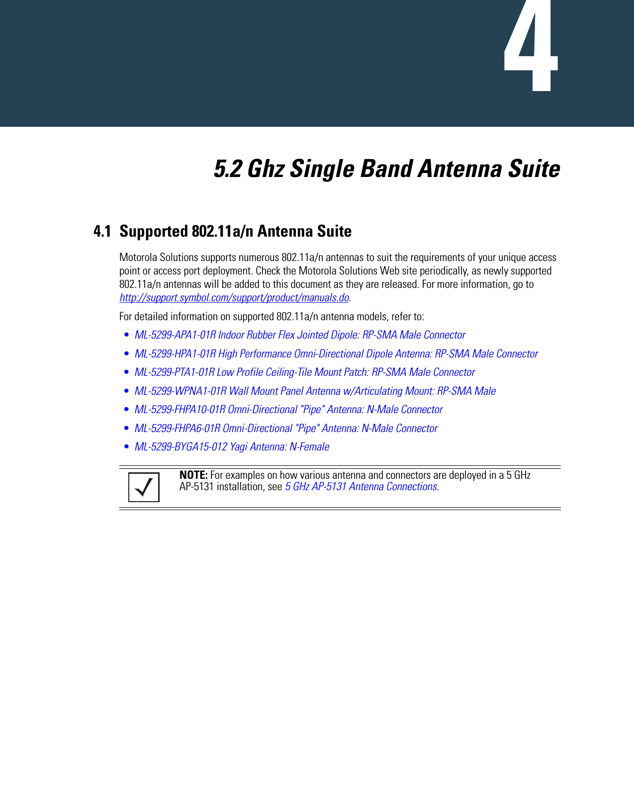   5.2 Ghz Single Band Antenna Suite4.1 Supported 802.11a/n Antenna SuiteMotorola Solutions supports numerous 802.11a/n antennas to suit the requirements of your unique access point or access port deployment. Check the Motorola Solutions Web site periodically, as newly supported 802.11a/n antennas will be added to this document as they are released. For more information, go to http://support.symbol.com/support/product/manuals.do.For detailed information on supported 802.11a/n antenna models, refer to:•ML-5299-APA1-01R Indoor Rubber Flex Jointed Dipole: RP-SMA Male Connector•ML-5299-HPA1-01R High Performance Omni-Directional Dipole Antenna: RP-SMA Male Connector•ML-5299-PTA1-01R Low Profile Ceiling-Tile Mount Patch: RP-SMA Male Connector•ML-5299-WPNA1-01R Wall Mount Panel Antenna w/Articulating Mount: RP-SMA Male•ML-5299-FHPA10-01R Omni-Directional &quot;Pipe&quot; Antenna: N-Male Connector•ML-5299-FHPA6-01R Omni-Directional &quot;Pipe&quot; Antenna: N-Male Connector •ML-5299-BYGA15-012 Yagi Antenna: N-Female  NOTE: For examples on how various antenna and connectors are deployed in a 5 GHz AP-5131 installation, see 5 GHz AP-5131 Antenna Connections.