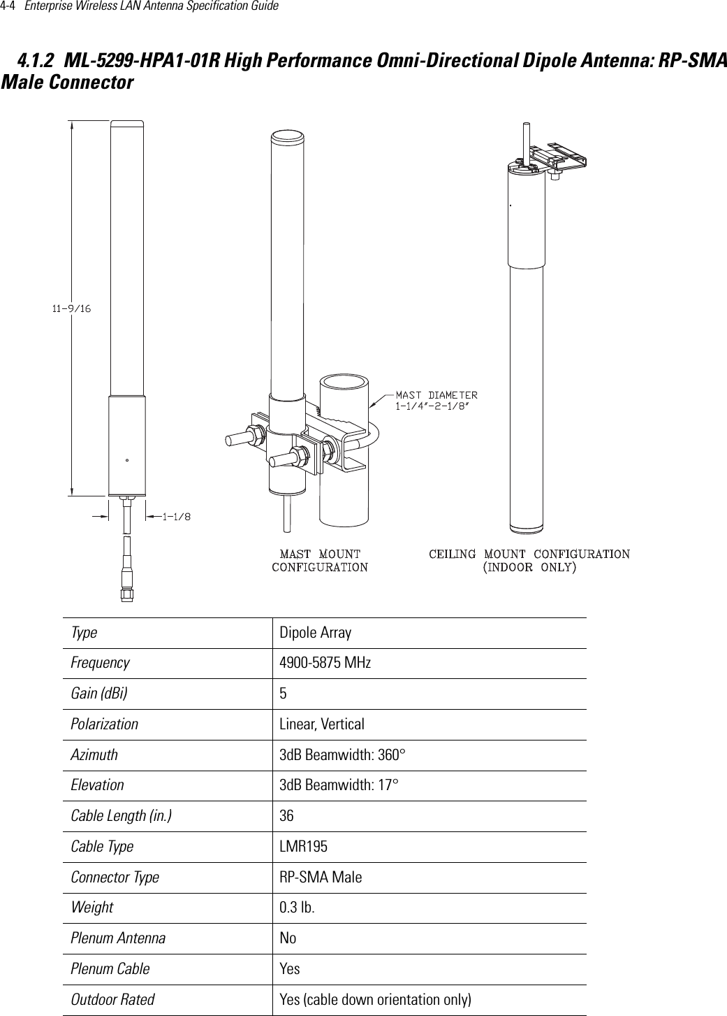 4-4   Enterprise Wireless LAN Antenna Specification Guide 4.1.2 ML-5299-HPA1-01R High Performance Omni-Directional Dipole Antenna: RP-SMA Male Connector Type Dipole Array Frequency 4900-5875 MHzGain (dBi) 5Polarization Linear, VerticalAzimuth 3dB Beamwidth: 360°Elevation 3dB Beamwidth: 17°Cable Length (in.) 36Cable Type LMR195Connector Type RP-SMA MaleWeight 0.3 lb.Plenum Antenna NoPlenum Cable YesOutdoor Rated Yes (cable down orientation only)