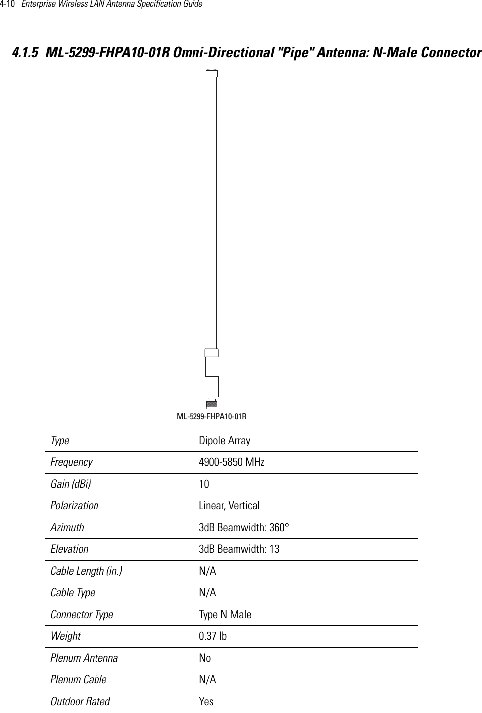 4-10   Enterprise Wireless LAN Antenna Specification Guide 4.1.5 ML-5299-FHPA10-01R Omni-Directional &quot;Pipe&quot; Antenna: N-Male Connector Type Dipole ArrayFrequency 4900-5850 MHzGain (dBi) 10Polarization Linear, VerticalAzimuth 3dB Beamwidth: 360°Elevation 3dB Beamwidth: 13Cable Length (in.) N/ACable Type N/AConnector Type Type N MaleWeight 0.37 lbPlenum Antenna NoPlenum Cable N/AOutdoor Rated YesML-5299-FHPA10-01R