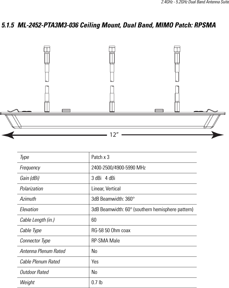 2.4GHz - 5.2GHz Dual Band Antenna Suite 5.1.5 ML-2452-PTA3M3-036 Ceiling Mount, Dual Band, MIMO Patch: RPSMA Type Patch x 3Frequency 2400-2500/4900-5990 MHzGain (dBi) 3 dBi   4 dBiPolarization Linear, VerticalAzimuth 3dB Beamwidth: 360°Elevation 3dB Beamwidth: 60° (southern hemisphere pattern)Cable Length (in.) 60Cable Type RG-58 50 Ohm coaxConnector Type RP-SMA MaleAntenna Plenum Rated NoCable Plenum Rated YesOutdoor Rated NoWeight 0.7 lb12”