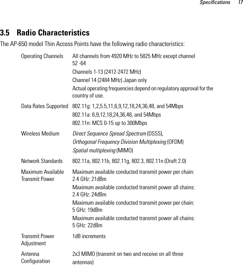 Specifications 173.5    Radio CharacteristicsThe AP-650 model Thin Access Points have the following radio characteristics: Operating Channels All channels from 4920 MHz to 5825 MHz except channel 52 -64Channels 1-13 (2412-2472 MHz)Channel 14 (2484 MHz) Japan onlyActual operating frequencies depend on regulatory approval for the country of use.Data Rates Supported 802.11g: 1,2,5.5,11,6,9,12,18,24,36,48, and 54Mbps802.11a: 6,9,12,18,24,36,48, and 54Mbps802.11n: MCS 0-15 up to 300MbpsWireless Medium Direct Sequence Spread Spectrum (DSSS),Orthogonal Frequency Division Multiplexing (OFDM)Spatial multiplexing (MIMO)Network Standards 802.11a, 802.11b, 802.11g, 802.3, 802.11n (Draft 2.0)Maximum Available Transmit PowerMaximum available conducted transmit power per chain: 2.4 GHz: 21dBmMaximum available conducted transmit power all chains: 2.4 GHz: 24dBmMaximum available conducted transmit power per chain: 5 GHz: 19dBmMaximum available conducted transmit power all chains: 5 GHz: 22dBmTransmit Power Adjustment1dB incrementsAntenna Configuration2x3 MIMO (transmit on two and receive on all threeantennas)