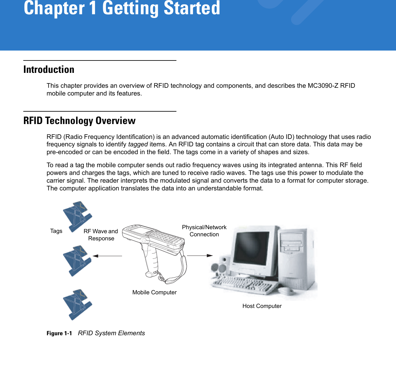 Chapter 1 Getting StartedIntroductionThis chapter provides an overview of RFID technology and components, and describes the MC3090-Z RFID mobile computer and its features.RFID Technology OverviewRFID (Radio Frequency Identification) is an advanced automatic identification (Auto ID) technology that uses radio frequency signals to identify tagged items. An RFID tag contains a circuit that can store data. This data may be pre-encoded or can be encoded in the field. The tags come in a variety of shapes and sizes. To read a tag the mobile computer sends out radio frequency waves using its integrated antenna. This RF field powers and charges the tags, which are tuned to receive radio waves. The tags use this power to modulate the carrier signal. The reader interprets the modulated signal and converts the data to a format for computer storage. The computer application translates the data into an understandable format.Figure 1-1    RFID System ElementsHost ComputerTagsMobile ComputerPhysical/Network ConnectionRF Wave and Response