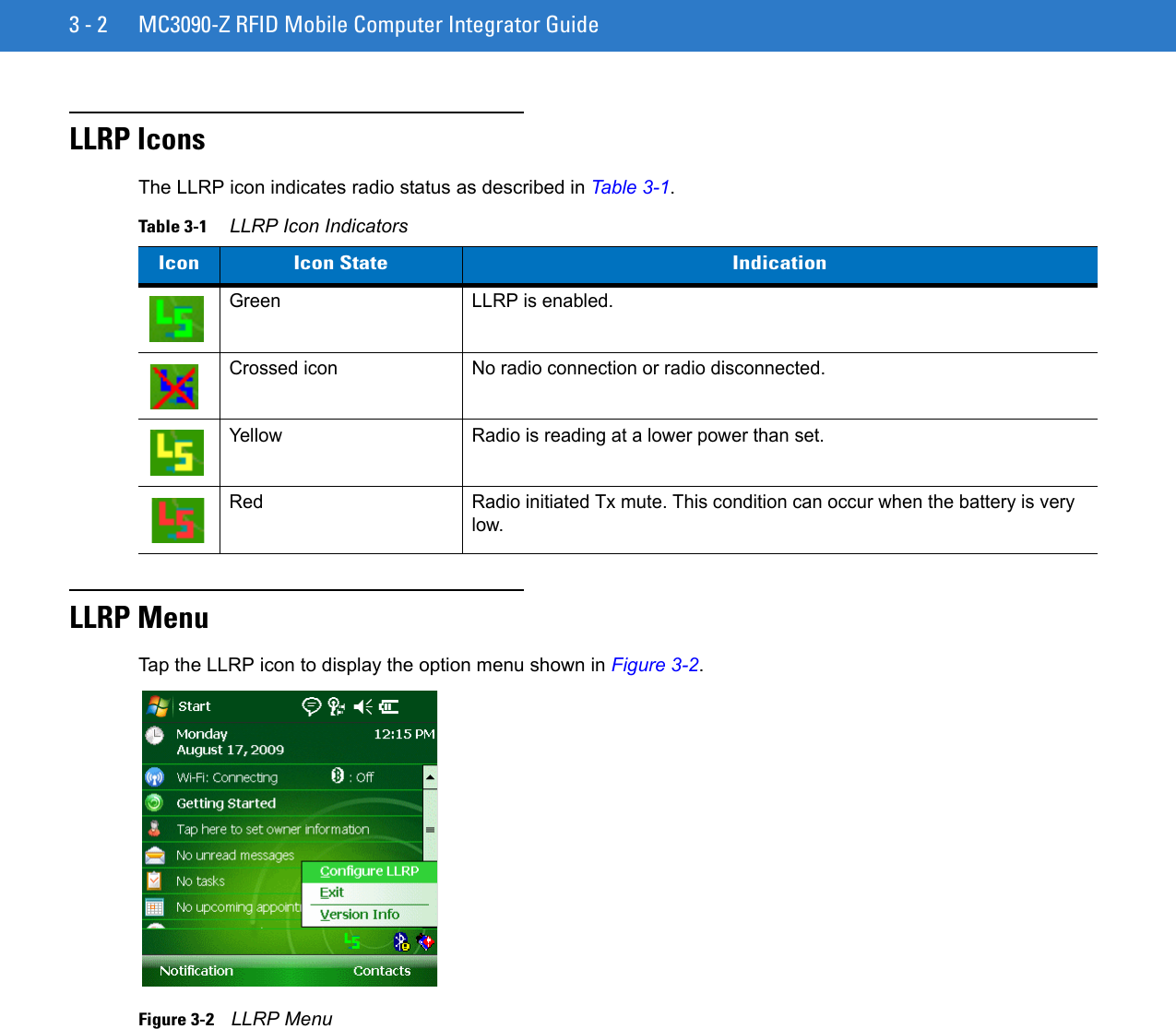 3 - 2 MC3090-Z RFID Mobile Computer Integrator GuideLLRP IconsThe LLRP icon indicates radio status as described in Table 3-1.LLRP MenuTap the LLRP icon to display the option menu shown in Figure 3-2.Figure 3-2    LLRP MenuTable 3-1     LLRP Icon IndicatorsIcon Icon State IndicationGreen LLRP is enabled.Crossed icon No radio connection or radio disconnected.Yellow Radio is reading at a lower power than set.Red Radio initiated Tx mute. This condition can occur when the battery is very low.