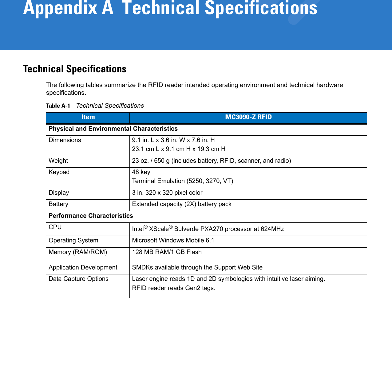 Appendix A  Technical SpecificationsTechnical SpecificationsThe following tables summarize the RFID reader intended operating environment and technical hardware specifications.Table A-1    Technical SpecificationsItem MC3090-Z RFIDPhysical and Environmental CharacteristicsDimensions  9.1 in. L x 3.6 in. W x 7.6 in. H23.1 cm L x 9.1 cm H x 19.3 cm HWeight 23 oz. / 650 g (includes battery, RFID, scanner, and radio)Keypad 48 keyTerminal Emulation (5250, 3270, VT)Display 3 in. 320 x 320 pixel colorBattery Extended capacity (2X) battery packPerformance CharacteristicsCPU Intel® XScale® Bulverde PXA270 processor at 624MHzOperating System Microsoft Windows Mobile 6.1Memory (RAM/ROM) 128 MB RAM/1 GB FlashApplication Development SMDKs available through the Support Web SiteData Capture Options Laser engine reads 1D and 2D symbologies with intuitive laser aiming.RFID reader reads Gen2 tags.