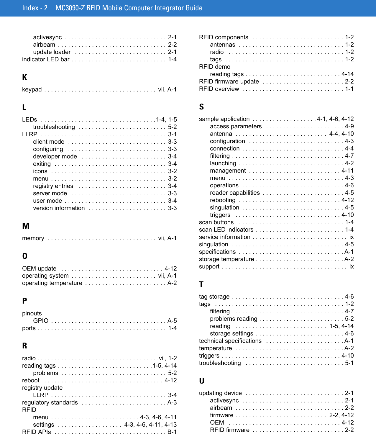 Index - 2 MC3090-Z RFID Mobile Computer Integrator Guideactivesync  . . . . . . . . . . . . . . . . . . . . . . . . . . . . . .  2-1airbeam  . . . . . . . . . . . . . . . . . . . . . . . . . . . . . . . .  2-2update loader   . . . . . . . . . . . . . . . . . . . . . . . . . . . 2-1indicator LED bar . . . . . . . . . . . . . . . . . . . . . . . . . . . .  1-4Kkeypad . . . . . . . . . . . . . . . . . . . . . . . . . . . . . . . . .  vii, A-1LLEDs  . . . . . . . . . . . . . . . . . . . . . . . . . . . . . . . . . .1-4, 1-5troubleshooting  . . . . . . . . . . . . . . . . . . . . . . . . . . 5-2LLRP  . . . . . . . . . . . . . . . . . . . . . . . . . . . . . . . . . . . . .  3-1client mode  . . . . . . . . . . . . . . . . . . . . . . . . . . . . .  3-3configuring   . . . . . . . . . . . . . . . . . . . . . . . . . . . . .  3-3developer mode   . . . . . . . . . . . . . . . . . . . . . . . . .  3-4exiting  . . . . . . . . . . . . . . . . . . . . . . . . . . . . . . . . .  3-4icons  . . . . . . . . . . . . . . . . . . . . . . . . . . . . . . . . . .  3-2menu  . . . . . . . . . . . . . . . . . . . . . . . . . . . . . . . . . . 3-2registry entries   . . . . . . . . . . . . . . . . . . . . . . . . . .  3-4server mode   . . . . . . . . . . . . . . . . . . . . . . . . . . . . 3-3user mode  . . . . . . . . . . . . . . . . . . . . . . . . . . . . . .  3-4version information  . . . . . . . . . . . . . . . . . . . . . . . 3-3Mmemory  . . . . . . . . . . . . . . . . . . . . . . . . . . . . . . . .  vii, A-1OOEM update   . . . . . . . . . . . . . . . . . . . . . . . . . . . . . .  4-12operating system  . . . . . . . . . . . . . . . . . . . . . . . . .  vii, A-1operating temperature  . . . . . . . . . . . . . . . . . . . . . . . . A-2PpinoutsGPIO  . . . . . . . . . . . . . . . . . . . . . . . . . . . . . . . . . . A-5ports . . . . . . . . . . . . . . . . . . . . . . . . . . . . . . . . . . . . . .  1-4Rradio . . . . . . . . . . . . . . . . . . . . . . . . . . . . . . . . . . . .vii, 1-2reading tags . . . . . . . . . . . . . . . . . . . . . . . . . . . .1-5, 4-14problems  . . . . . . . . . . . . . . . . . . . . . . . . . . . . . . . 5-2reboot   . . . . . . . . . . . . . . . . . . . . . . . . . . . . . . . . . . . 4-12registry updateLLRP  . . . . . . . . . . . . . . . . . . . . . . . . . . . . . . . . . . 3-4regulatory standards  . . . . . . . . . . . . . . . . . . . . . . . . . A-3RFIDmenu  . . . . . . . . . . . . . . . . . . . . . . . . . . 4-3, 4-6, 4-11settings  . . . . . . . . . . . . . . . . . . .  4-3, 4-6, 4-11, 4-13RFID APIs  . . . . . . . . . . . . . . . . . . . . . . . . . . . . . . . . . B-1RFID components  . . . . . . . . . . . . . . . . . . . . . . . . . . . 1-2antennas  . . . . . . . . . . . . . . . . . . . . . . . . . . . . . . . 1-2radio   . . . . . . . . . . . . . . . . . . . . . . . . . . . . . . . . . . 1-2tags  . . . . . . . . . . . . . . . . . . . . . . . . . . . . . . . . . . . 1-2RFID demoreading tags . . . . . . . . . . . . . . . . . . . . . . . . . . . . 4-14RFID firmware update  . . . . . . . . . . . . . . . . . . . . . . . . 2-2RFID overview  . . . . . . . . . . . . . . . . . . . . . . . . . . . . . . 1-1Ssample application  . . . . . . . . . . . . . . . . . . . 4-1, 4-6, 4-12access parameters   . . . . . . . . . . . . . . . . . . . . . . . 4-9antenna  . . . . . . . . . . . . . . . . . . . . . . . . . . .  4-4, 4-10configuration  . . . . . . . . . . . . . . . . . . . . . . . . . . . . 4-3connection  . . . . . . . . . . . . . . . . . . . . . . . . . . . . . . 4-4filtering . . . . . . . . . . . . . . . . . . . . . . . . . . . . . . . . . 4-7launching  . . . . . . . . . . . . . . . . . . . . . . . . . . . . . . . 4-2management  . . . . . . . . . . . . . . . . . . . . . . . . . . . 4-11menu  . . . . . . . . . . . . . . . . . . . . . . . . . . . . . . . . . . 4-3operations  . . . . . . . . . . . . . . . . . . . . . . . . . . . . . . 4-6reader capabilities  . . . . . . . . . . . . . . . . . . . . . . . . 4-5rebooting  . . . . . . . . . . . . . . . . . . . . . . . . . . . . . . 4-12singulation  . . . . . . . . . . . . . . . . . . . . . . . . . . . . . . 4-5triggers   . . . . . . . . . . . . . . . . . . . . . . . . . . . . . . . 4-10scan buttons   . . . . . . . . . . . . . . . . . . . . . . . . . . . . . . . 1-4scan LED indicators . . . . . . . . . . . . . . . . . . . . . . . . . . 1-4service information . . . . . . . . . . . . . . . . . . . . . . . . . . . .  ixsingulation  . . . . . . . . . . . . . . . . . . . . . . . . . . . . . . . . . 4-5specifications  . . . . . . . . . . . . . . . . . . . . . . . . . . . . . . . A-1storage temperature . . . . . . . . . . . . . . . . . . . . . . . . . . A-2support . . . . . . . . . . . . . . . . . . . . . . . . . . . . . . . . . . . . .  ixTtag storage . . . . . . . . . . . . . . . . . . . . . . . . . . . . . . . . . 4-6tags   . . . . . . . . . . . . . . . . . . . . . . . . . . . . . . . . . . . . . . 1-2filtering . . . . . . . . . . . . . . . . . . . . . . . . . . . . . . . . . 4-7problems reading . . . . . . . . . . . . . . . . . . . . . . . . . 5-2reading   . . . . . . . . . . . . . . . . . . . . . . . . . . .  1-5, 4-14storage settings  . . . . . . . . . . . . . . . . . . . . . . . . . . 4-6technical specifications   . . . . . . . . . . . . . . . . . . . . . . . A-1temperature  . . . . . . . . . . . . . . . . . . . . . . . . . . . . . . . . A-2triggers . . . . . . . . . . . . . . . . . . . . . . . . . . . . . . . . . . . 4-10troubleshooting   . . . . . . . . . . . . . . . . . . . . . . . . . . . . . 5-1Uupdating device  . . . . . . . . . . . . . . . . . . . . . . . . . . . . . 2-1activesync  . . . . . . . . . . . . . . . . . . . . . . . . . . . . . . 2-1airbeam  . . . . . . . . . . . . . . . . . . . . . . . . . . . . . . . . 2-2firmware . . . . . . . . . . . . . . . . . . . . . . . . . . .  2-2, 4-12OEM   . . . . . . . . . . . . . . . . . . . . . . . . . . . . . . . . . 4-12RFID firmware  . . . . . . . . . . . . . . . . . . . . . . . . . . . 2-2