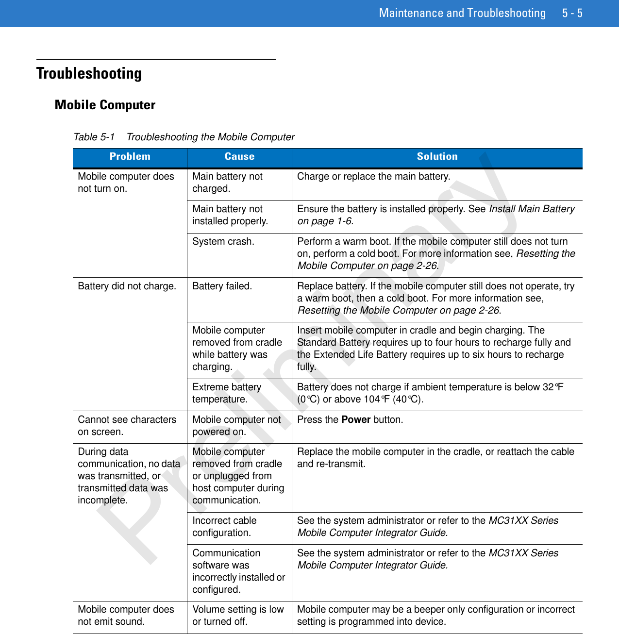 Maintenance and Troubleshooting 5 - 5TroubleshootingMobile ComputerTable 5-1    Troubleshooting the Mobile ComputerProblem Cause SolutionMobile computer does not turn on. Main battery not charged. Charge or replace the main battery.Main battery not installed properly. Ensure the battery is installed properly. See Install Main Battery on page 1-6.System crash. Perform a warm boot. If the mobile computer still does not turn on, perform a cold boot. For more information see, Resetting the Mobile Computer on page 2-26.Battery did not charge. Battery failed.  Replace battery. If the mobile computer still does not operate, try a warm boot, then a cold boot. For more information see, Resetting the Mobile Computer on page 2-26.Mobile computer removed from cradle while battery was charging. Insert mobile computer in cradle and begin charging. The Standard Battery requires up to four hours to recharge fully and the Extended Life Battery requires up to six hours to recharge fully.Extreme battery temperature. Battery does not charge if ambient temperature is below 32°F (0°C) or above 104°F (40°C).Cannot see characters on screen. Mobile computer not powered on. Press the Power button.During data communication, no data was transmitted, or transmitted data was incomplete.Mobile computer removed from cradle or unplugged from host computer during communication.Replace the mobile computer in the cradle, or reattach the cable and re-transmit.Incorrect cable configuration. See the system administrator or refer to the MC31XX Series Mobile Computer Integrator Guide.Communication software was incorrectly installed or configured.See the system administrator or refer to the MC31XX Series Mobile Computer Integrator Guide.Mobile computer does not emit sound. Volume setting is low or turned off. Mobile computer may be a beeper only configuration or incorrect setting is programmed into device.Preliminary