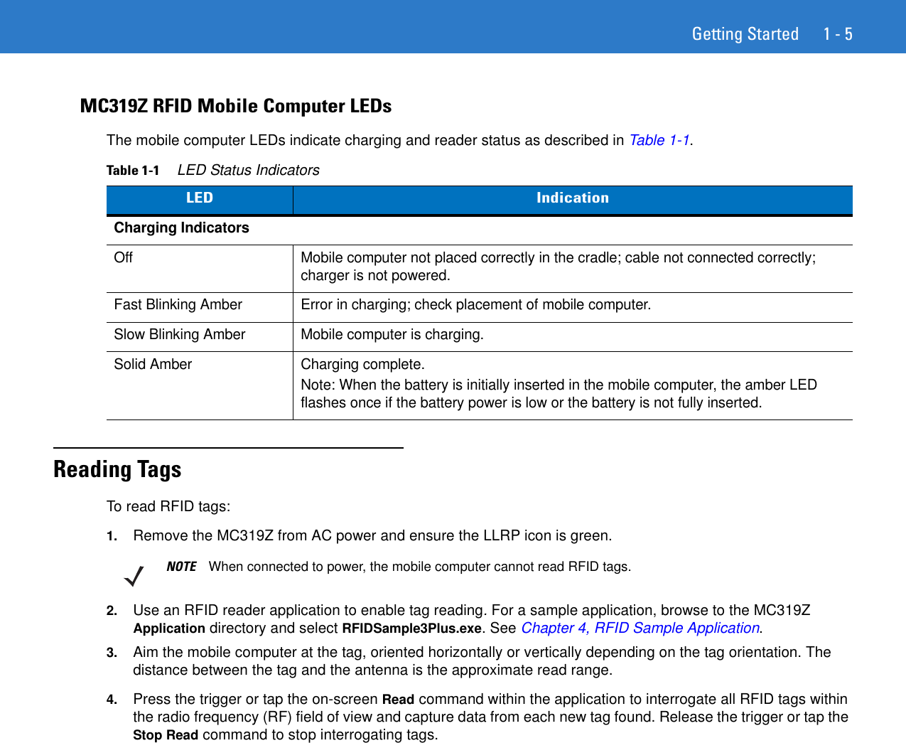 Getting Started 1 - 5MC319Z RFID Mobile Computer LEDsThe mobile computer LEDs indicate charging and reader status as described in Table 1-1.Reading TagsTo read RFID tags: 1. Remove the MC319Z from AC power and ensure the LLRP icon is green.2. Use an RFID reader application to enable tag reading. For a sample application, browse to the MC319Z Application directory and select RFIDSample3Plus.exe. See Chapter 4, RFID Sample Application.3. Aim the mobile computer at the tag, oriented horizontally or vertically depending on the tag orientation. The distance between the tag and the antenna is the approximate read range.4. Press the trigger or tap the on-screen Read command within the application to interrogate all RFID tags within the radio frequency (RF) field of view and capture data from each new tag found. Release the trigger or tap the Stop Read command to stop interrogating tags.Table 1-1     LED Status IndicatorsLED IndicationCharging IndicatorsOff Mobile computer not placed correctly in the cradle; cable not connected correctly; charger is not powered.Fast Blinking Amber Error in charging; check placement of mobile computer. Slow Blinking Amber Mobile computer is charging.Solid Amber Charging complete.Note: When the battery is initially inserted in the mobile computer, the amber LED flashes once if the battery power is low or the battery is not fully inserted.NOTE When connected to power, the mobile computer cannot read RFID tags.