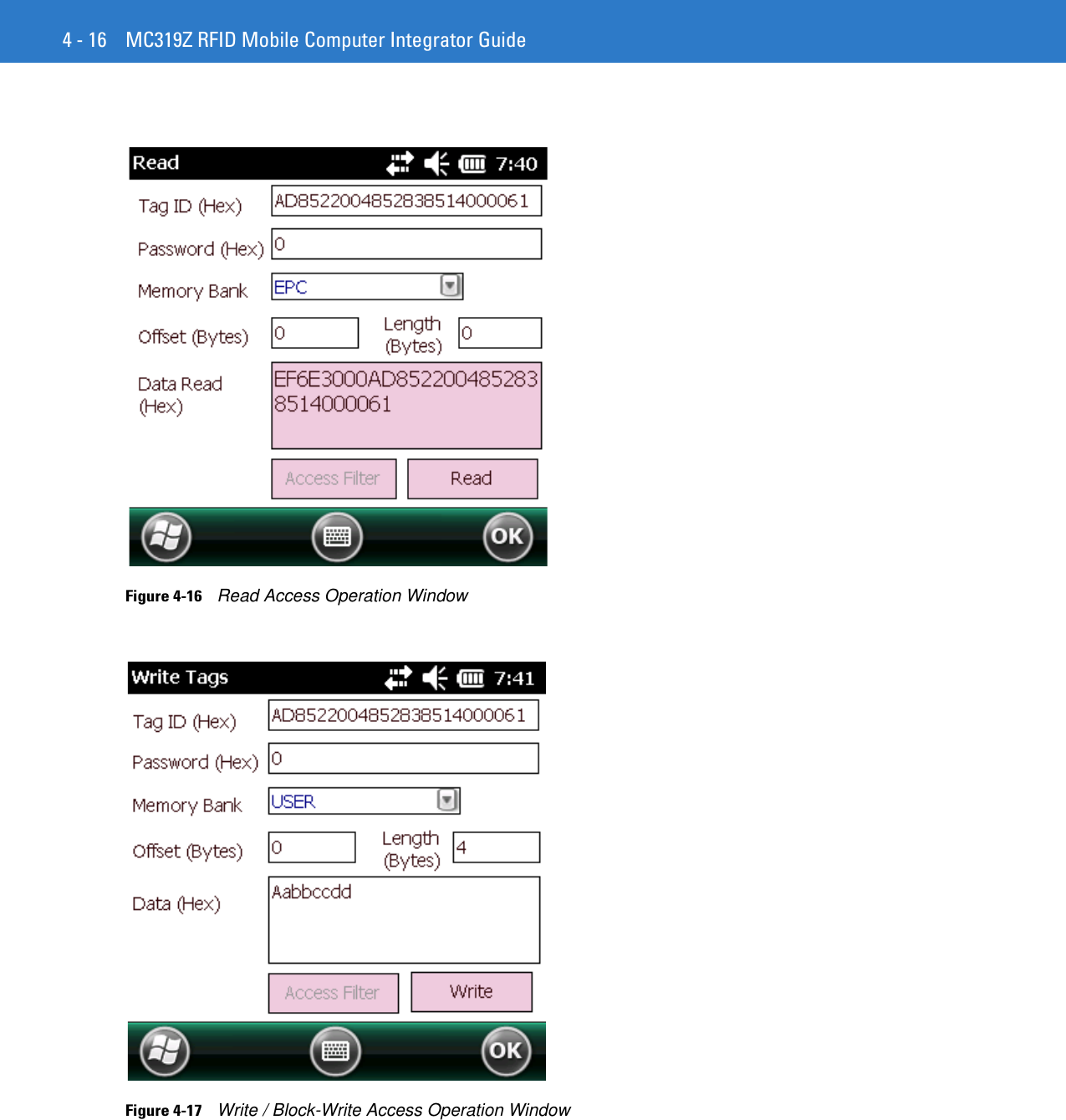 4 - 16 MC319Z RFID Mobile Computer Integrator GuideFigure 4-16    Read Access Operation WindowFigure 4-17    Write / Block-Write Access Operation Window