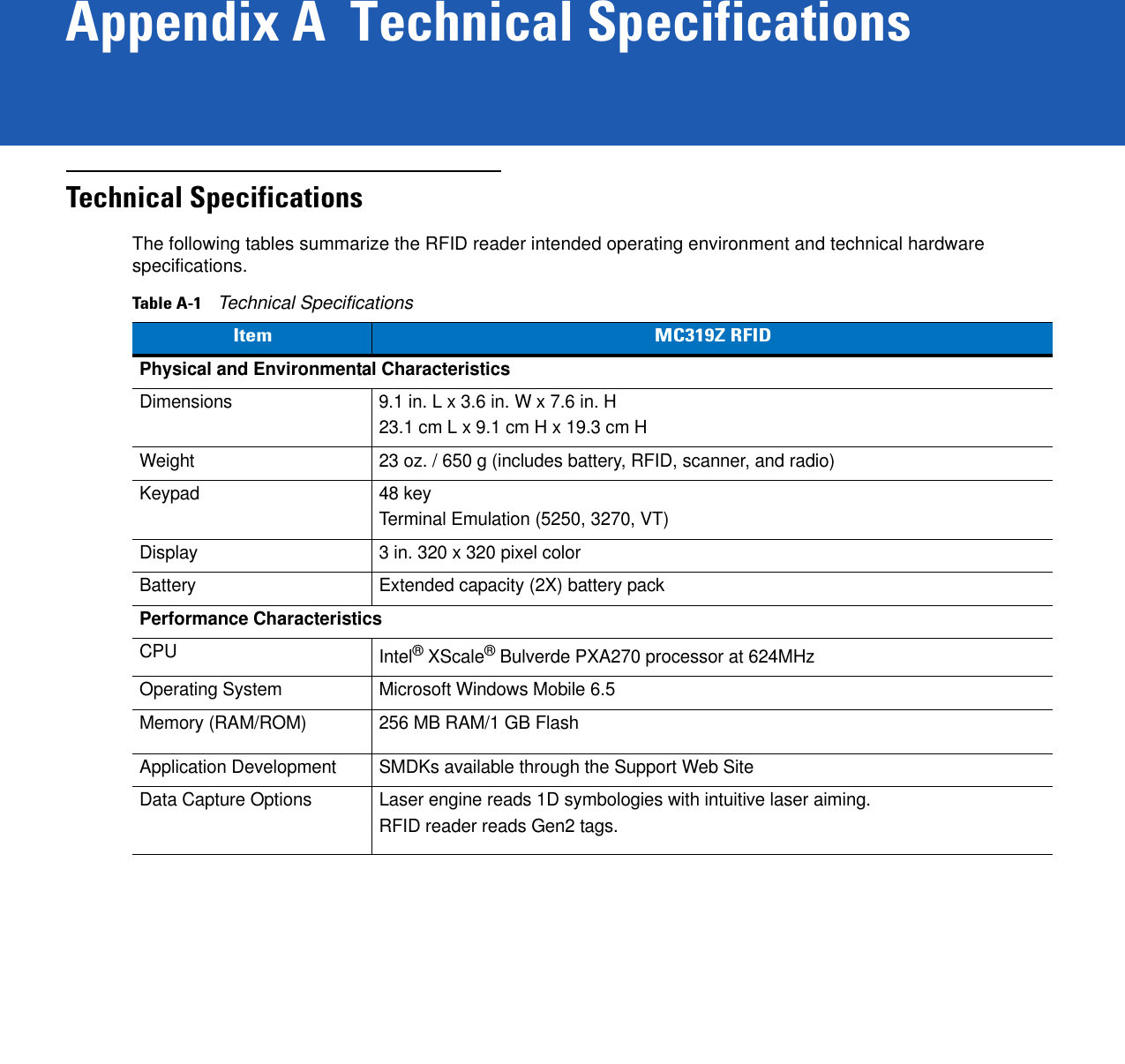 Appendix A  Technical SpecificationsTechnical SpecificationsThe following tables summarize the RFID reader intended operating environment and technical hardware specifications.Table A-1    Technical SpecificationsItem MC319Z RFIDPhysical and Environmental CharacteristicsDimensions  9.1 in. L x 3.6 in. W x 7.6 in. H23.1 cm L x 9.1 cm H x 19.3 cm HWeight 23 oz. / 650 g (includes battery, RFID, scanner, and radio)Keypad 48 keyTerminal Emulation (5250, 3270, VT)Display 3 in. 320 x 320 pixel colorBattery Extended capacity (2X) battery packPerformance CharacteristicsCPU Intel® XScale® Bulverde PXA270 processor at 624MHzOperating System Microsoft Windows Mobile 6.5Memory (RAM/ROM) 256 MB RAM/1 GB FlashApplication Development SMDKs available through the Support Web SiteData Capture Options Laser engine reads 1D symbologies with intuitive laser aiming.RFID reader reads Gen2 tags.