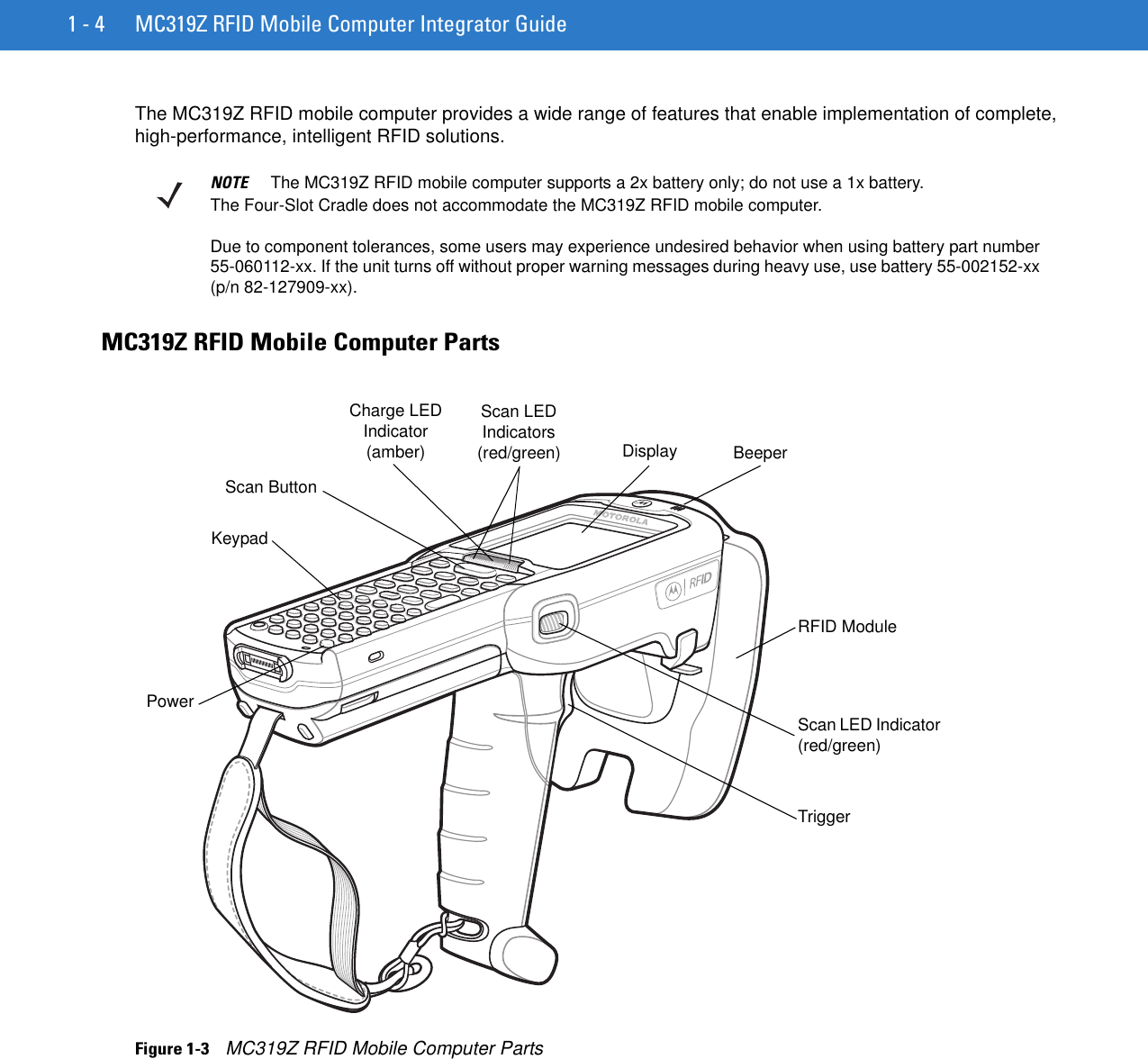 1 - 4 MC319Z RFID Mobile Computer Integrator GuideThe MC319Z RFID mobile computer provides a wide range of features that enable implementation of complete, high-performance, intelligent RFID solutions. MC319Z RFID Mobile Computer PartsFigure 1-3    MC319Z RFID Mobile Computer PartsNOTE     The MC319Z RFID mobile computer supports a 2x battery only; do not use a 1x battery.The Four-Slot Cradle does not accommodate the MC319Z RFID mobile computer.Due to component tolerances, some users may experience undesired behavior when using battery part number 55-060112-xx. If the unit turns off without proper warning messages during heavy use, use battery 55-002152-xx (p/n 82-127909-xx). KeypadRFID ModuleDisplayPowerScan ButtonBeeperTriggerScan LED Indicators (red/green)Charge LED Indicator (amber)Scan LED Indicator (red/green)