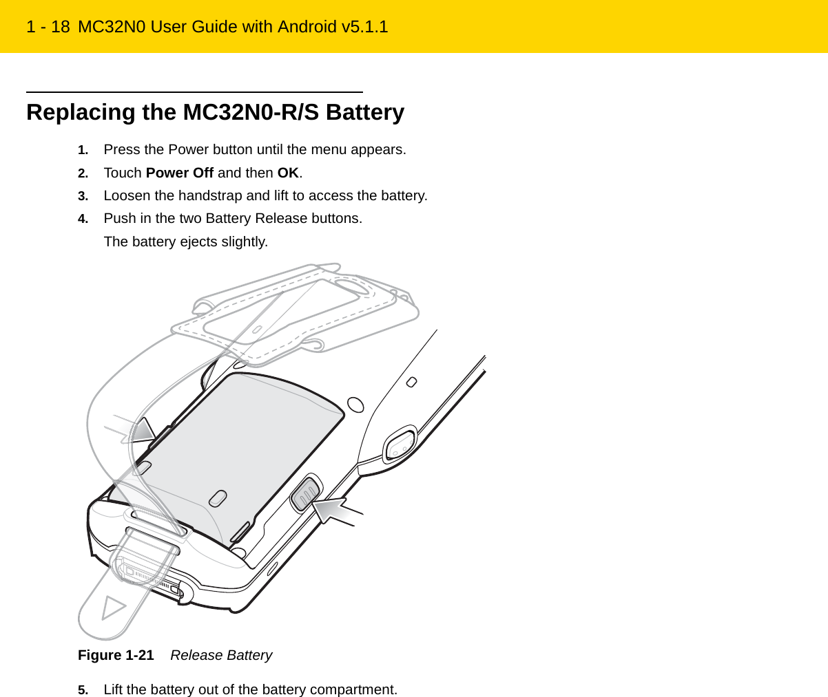 1 - 18 MC32N0 User Guide with Android v5.1.1Replacing the MC32N0-R/S Battery1. Press the Power button until the menu appears.2. Touch Power Off and then OK.3. Loosen the handstrap and lift to access the battery.4. Push in the two Battery Release buttons.The battery ejects slightly.Figure 1-21    Release Battery5. Lift the battery out of the battery compartment.REVIEW ONLY - REVIEW ONLY - REVIEW ONLY                             REVIEW ONLY - REVIEW ONLY - REVIEW ONLY