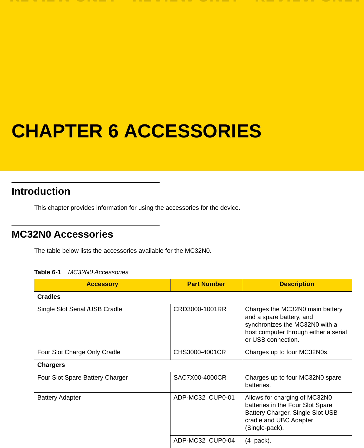 CHAPTER 6 ACCESSORIESIntroductionThis chapter provides information for using the accessories for the device.MC32N0 AccessoriesThe table below lists the accessories available for the MC32N0.Table 6-1    MC32N0 Accessories Accessory Part Number DescriptionCradlesSingle Slot Serial /USB Cradle CRD3000-1001RR Charges the MC32N0 main battery and a spare battery, and synchronizes the MC32N0 with a host computer through either a serial or USB connection.Four Slot Charge Only Cradle CHS3000-4001CR Charges up to four MC32N0s.ChargersFour Slot Spare Battery Charger SAC7X00-4000CR Charges up to four MC32N0 spare batteries.Battery Adapter ADP-MC32–CUP0-01 Allows for charging of MC32N0 batteries in the Four Slot Spare Battery Charger, Single Slot USB cradle and UBC Adapter (Single-pack).ADP-MC32–CUP0-04 (4–pack).REVIEW ONLY - REVIEW ONLY - REVIEW ONLY                             REVIEW ONLY - REVIEW ONLY - REVIEW ONLY